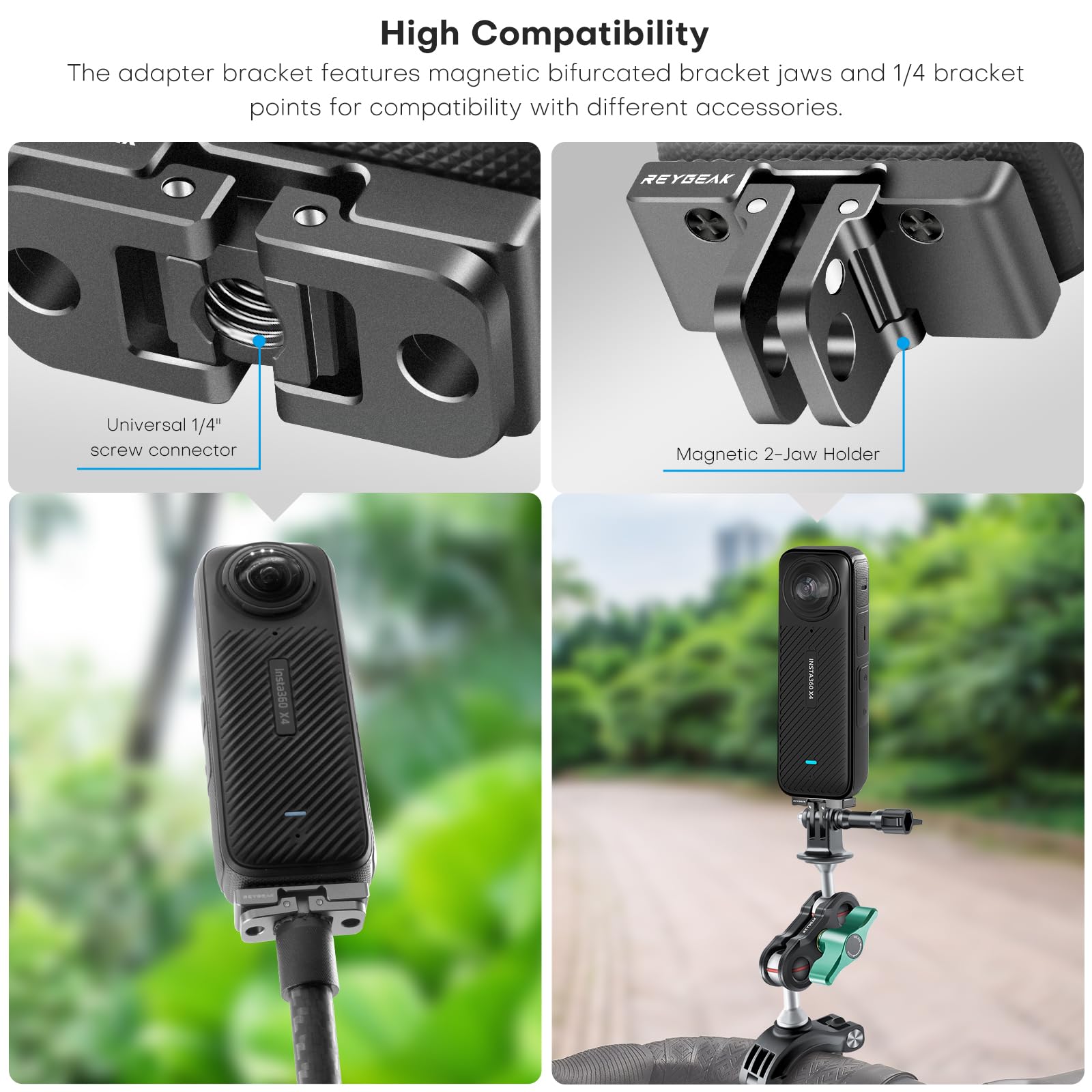 REYGEAK Quick Release Mount for Insta360 X4,Aluminum Head Camera Adapter with 1/4" Screw,Magnetic Dual-Claws Interface,Camera Conversion Adapter for Camera Holder Accessories with Dual-Claw - Image 2