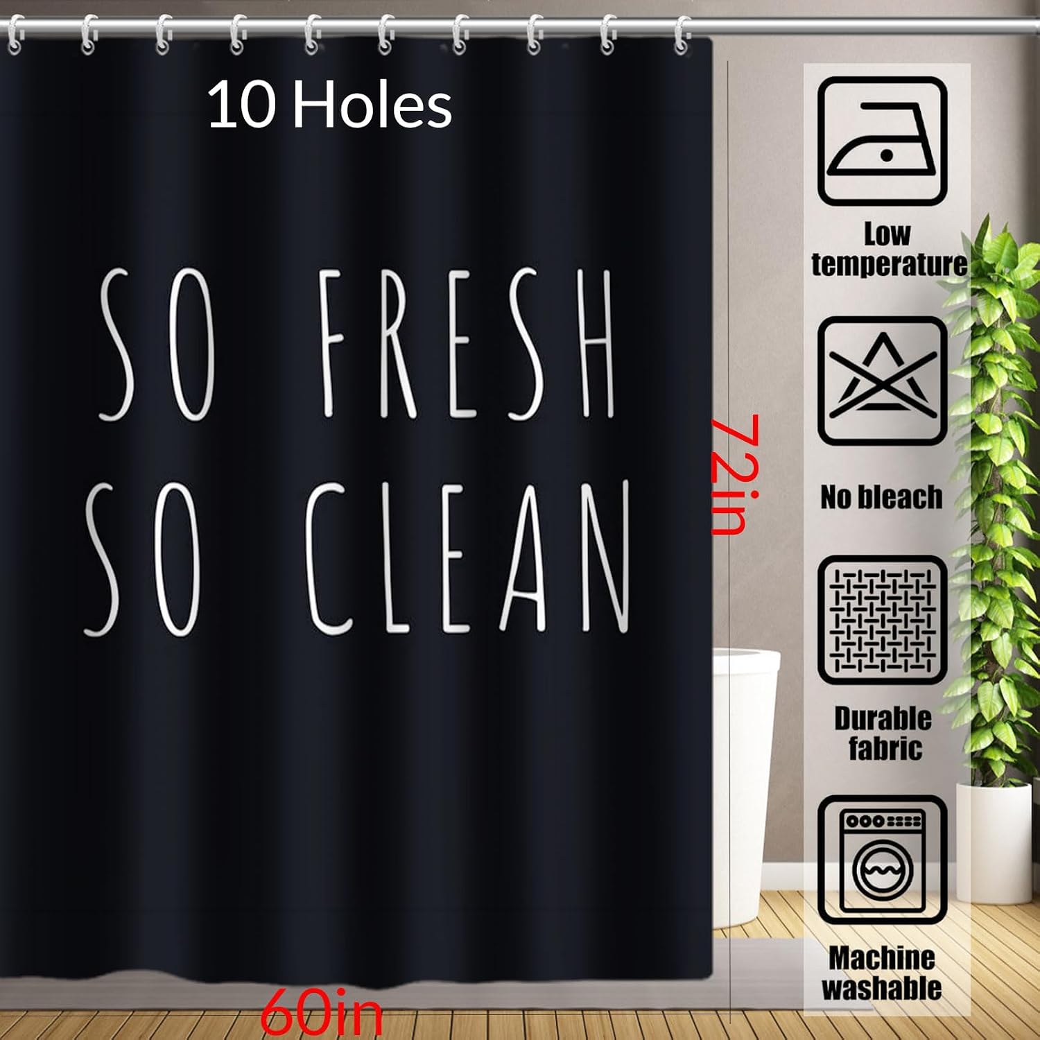 Yeele Black Shower Curtain Waterproof Fabric Polyester SO Fresh SO Clean Letters Funny Bathtub Curtains Modern Unique Bathroom Decoration Set with Hooks,60x72in