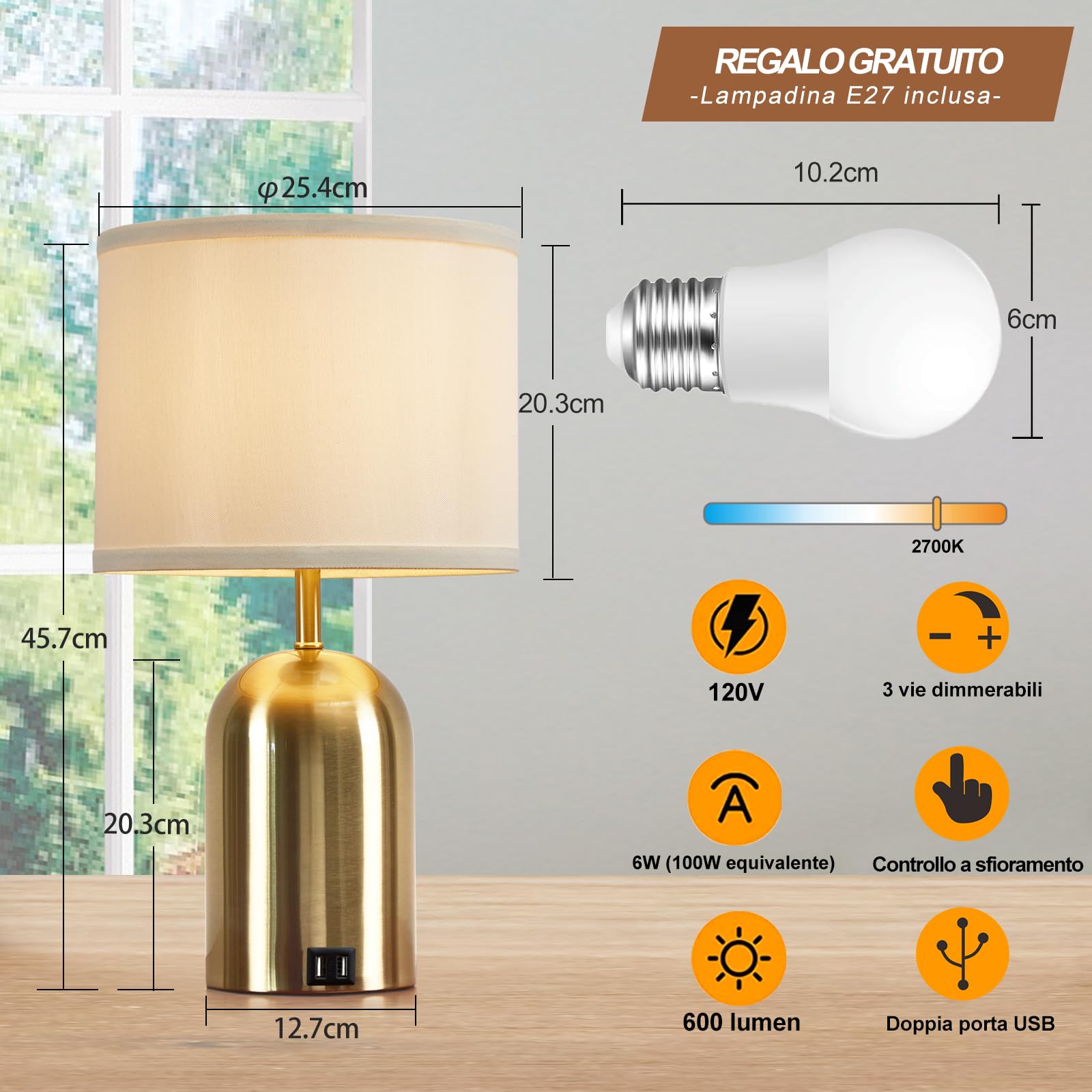 GyroVu Lampada da comodino con porta USB, lampada da tavolo con controllo touch per camera da letto, dimmerabile a 3 livelli, lampada moderna con paralume in tessuto e base dorata per soggiorno