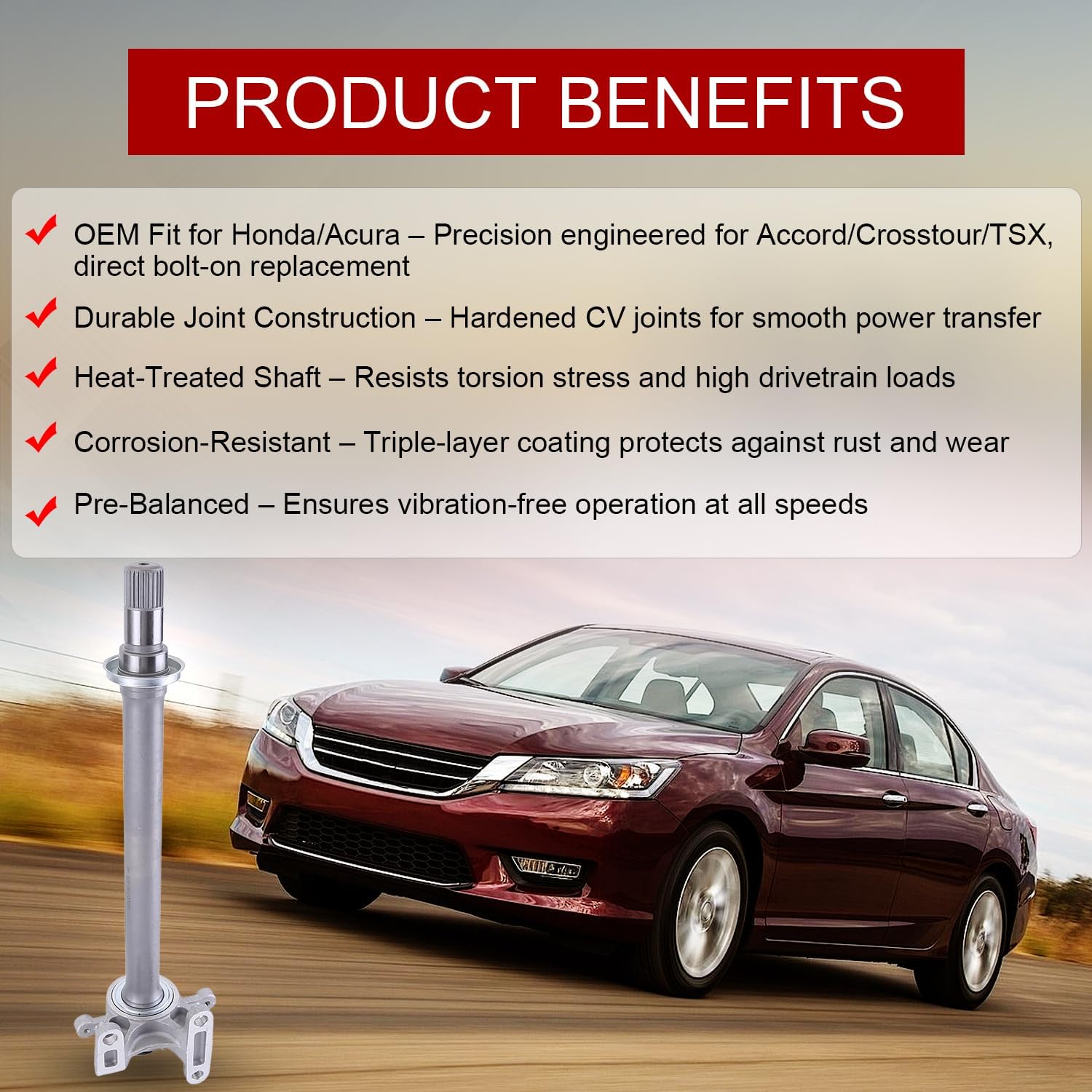 Front Right CV Intermediate Shaft Compatible with Honda 2007-2012 Accord & 2012-2015 Crosstour & 2004-2014 Acuar TSX, 2.4L L4 Axle Intermediate Shaft Assembly Replace 44500-TA0-A00, 44500TA0A00