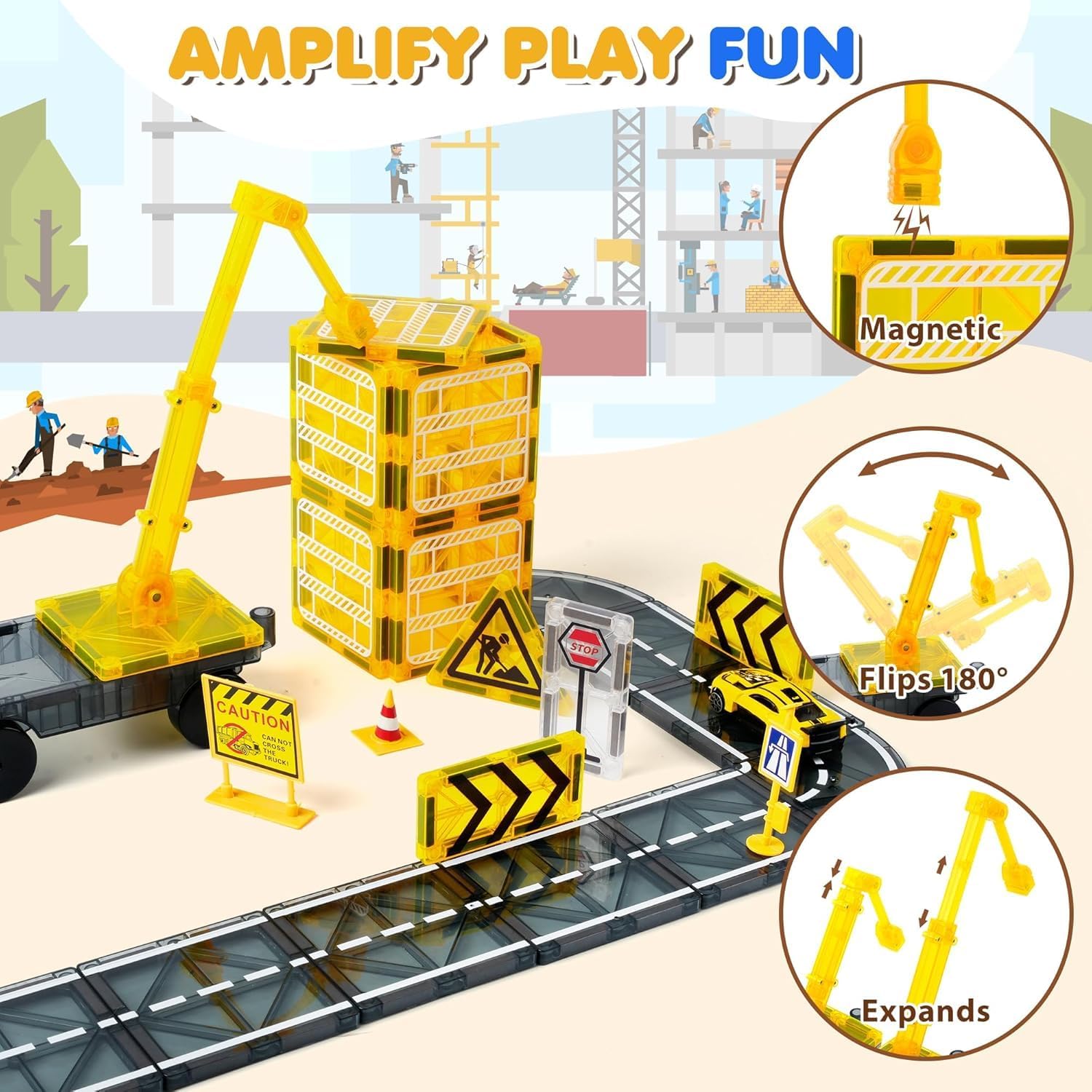 Magnetic Tiles Travel Road Set with Cars & Construction Vehicles - 55 PCS Magnet Building Blocks Expansion Pack with Traffic Lights, Road Signs & Track - Great Gift for Aged 3-8