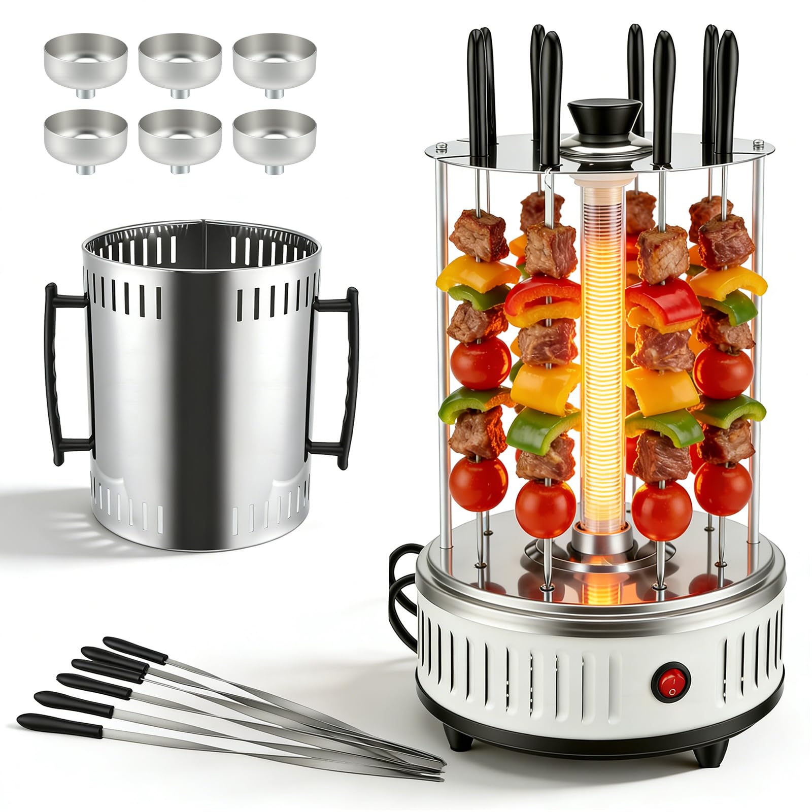 Gril électrique Vertical, Gril électrique 1000 W Shish Kebab Grill avec 6 brochettes, Gril Rotatif pour Barbecue, Gril de Table, Tube Chauffant en Verre amélioré pour la Maison, Le Jardin