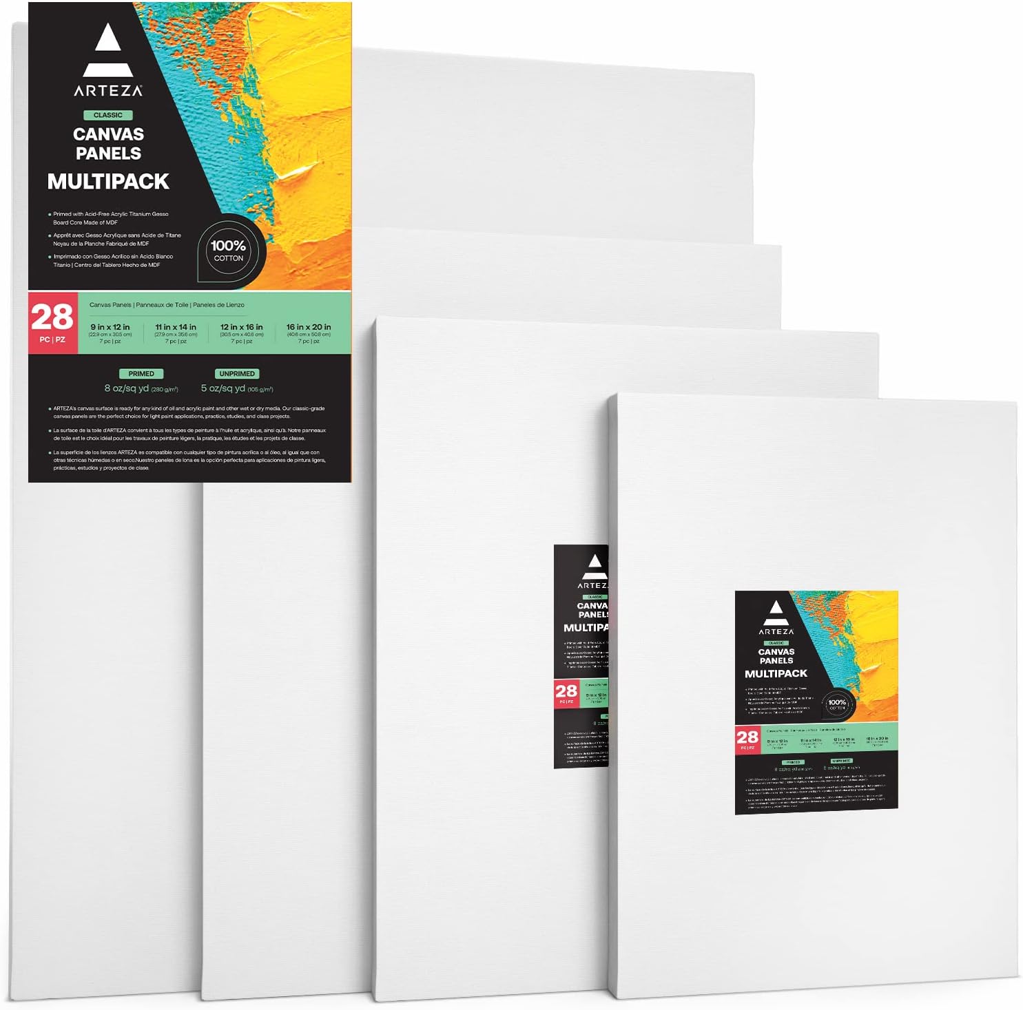 ARTEZA Canvases for Painting, 9x12, 11x14, 12x16, 16x20 Inches, Blank Art Canvas Boards, 100% Cotton, 8 oz Gesso-Primed, Art Supplies for Adults, Acrylic Pouring, White (Medium), Multipack of 28