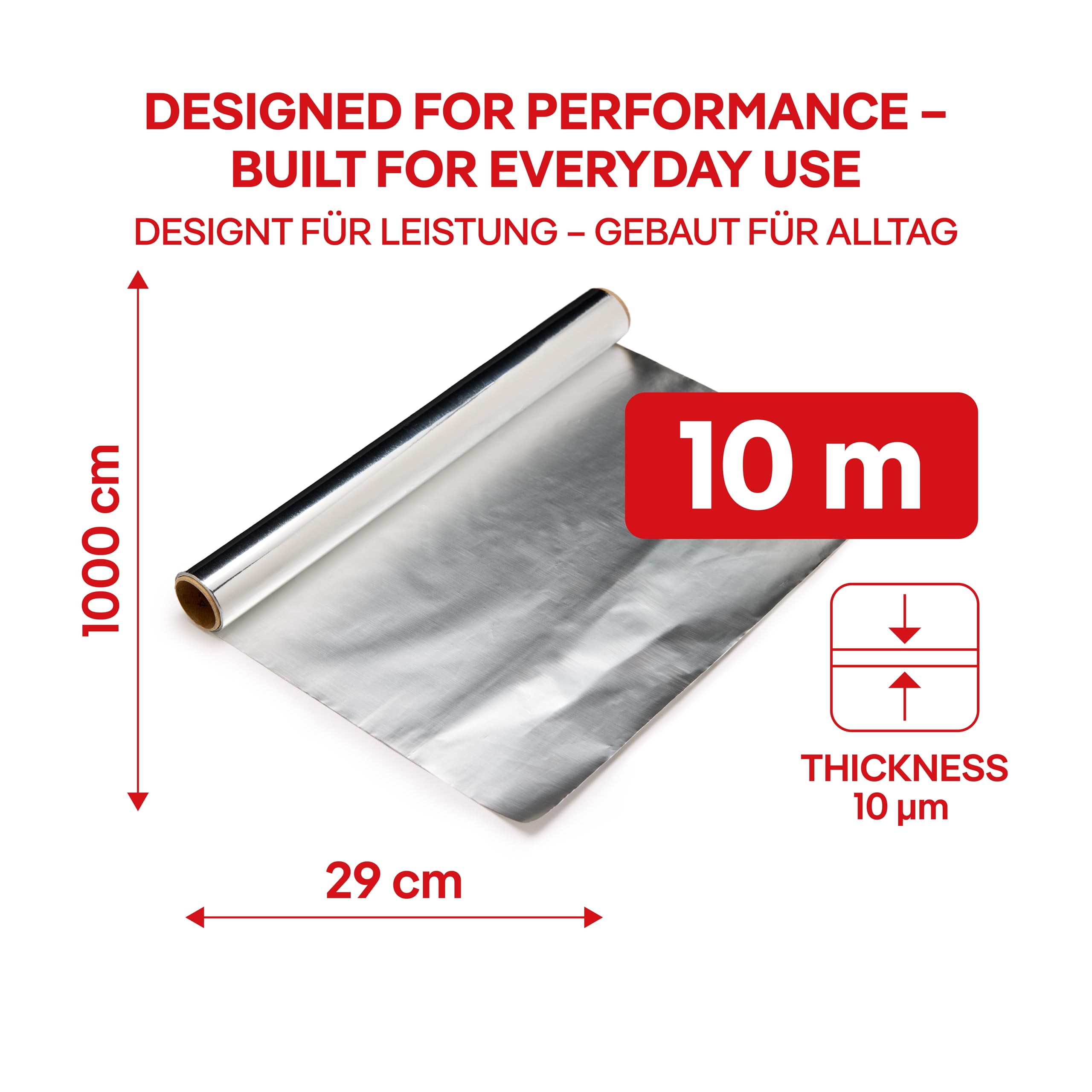 ALUFIX Foglio di alluminio per cottura al forno/ 1 rotolo/ 29 cm x 10 m/ 10 μm/argento/resistente allo strappo/resistente al calore e all'umidità/riciclabile/per la cucina