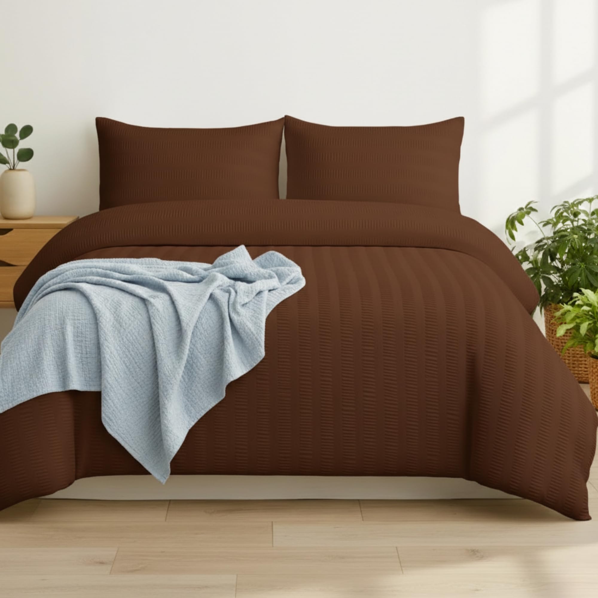Q&H Bedding Single Seersucker Duvet Cover Set - Brown Quilt Cover Brushed Microfiber with Pillowcase - Multiple Sizes Complete Bedding Set - Soft & Breathable, Easy Care & Machine Washable — image 1