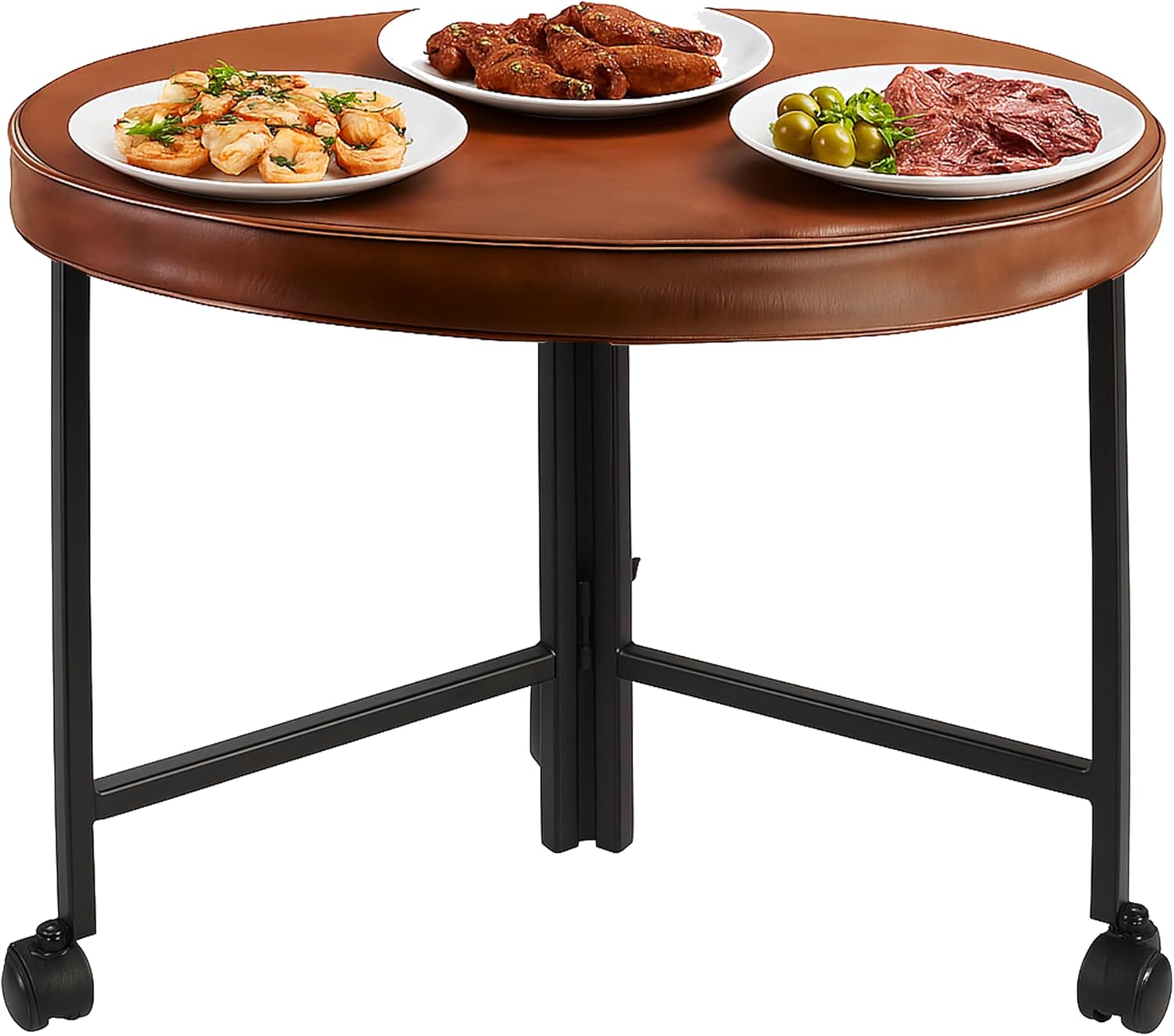 40" Round Folding Table w/ Lockable Wheels -Heavy-Duty Indoor & Outdoor Round Table, Folding Round Table w/Leather Top for Round Tables for Parties, Camping Round Foldable Table & Dinning Room Tables