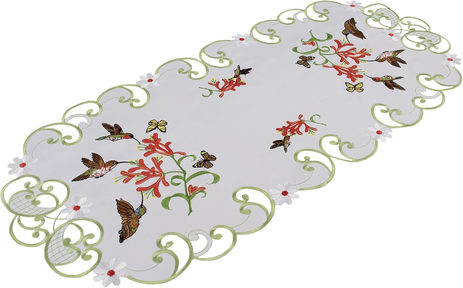 Embroidered Table Runner with Hummingbirds and Butterflies, Floral Design, White with Green Border (15Wx34L)