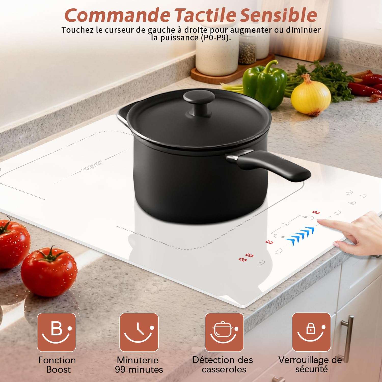 Blanch Plaque à Induction 2 Feux 30cm Encastrable 3500W Zone Flexible Curseur Tactile Verrouillage Sécurité 230V