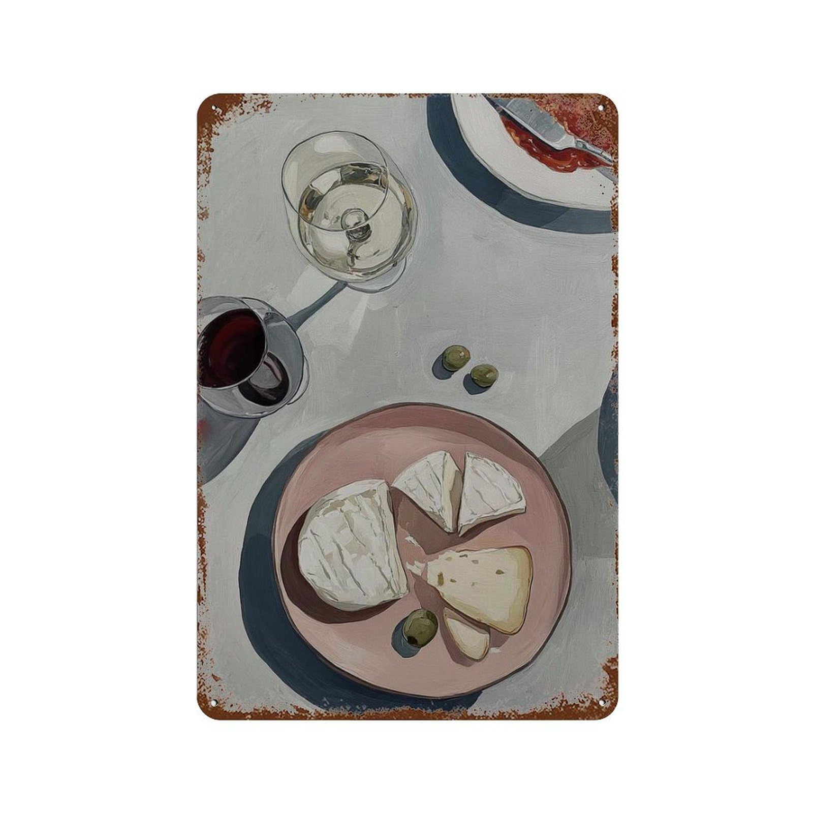 xiaoxiaoshen Cheese And Wine Modern Still Life Minimalist Dining Mediterranean Kitchen Elegan Wall Decor Art Metal Tin Poster Modern Home Decor Art Home Bar Shop Decorations Vintage Sign 30x20cm