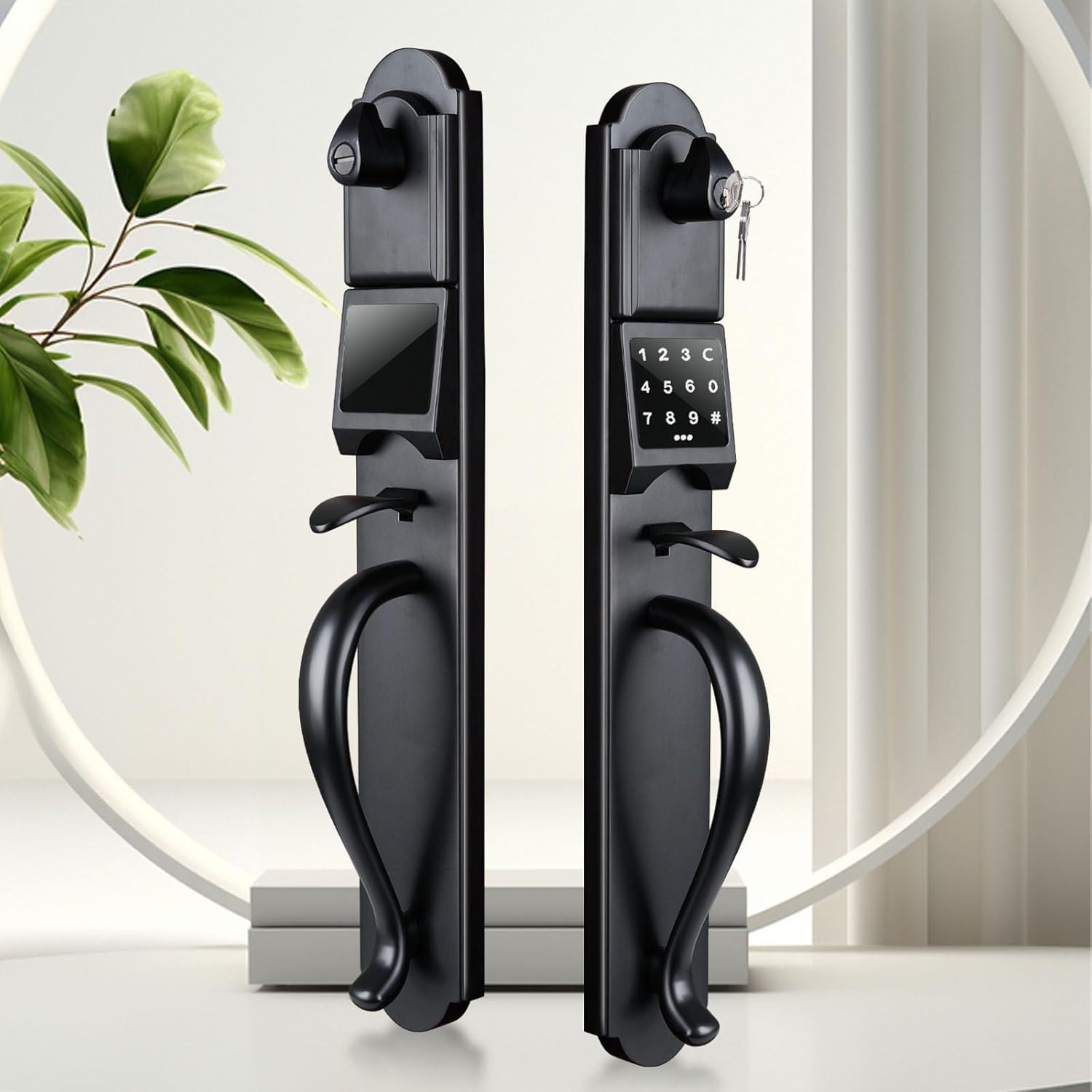 NEWBANG Smart Digital Keypad Handleset for Double Front Door with Levers Inside in Matte Black(Keys Reserved),MDHST2018DB-E-SET-NEW