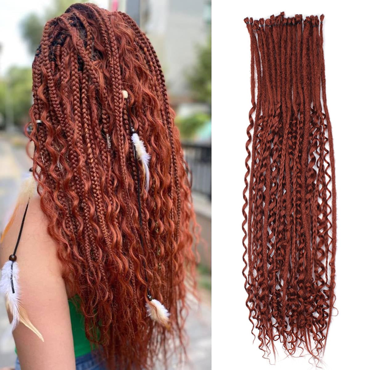Pouweney 24 Inch 3 In 1 Dreadlock Extensions Sets, 30 Strands Mixed Copper Red Synthetic SE Dreads Extensions, 100% Handmade Soft Single Ended Curly