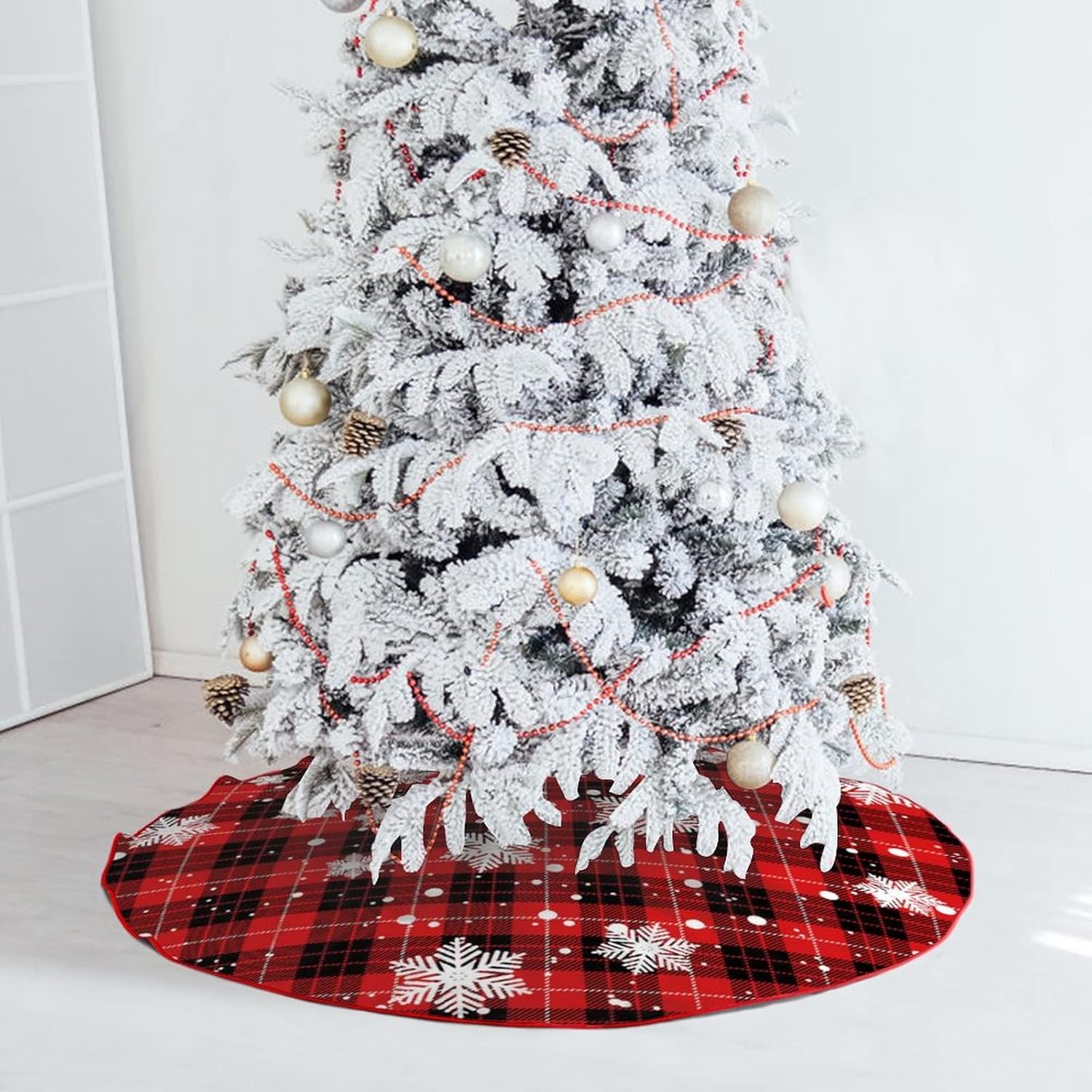 Christmas Tree Skirt Rustic Red and Black Buffalo Plaid with Snowflake Vintage Xmas Tree Skirt Christmas Decorations for Holiday New Year Party 48 Inch