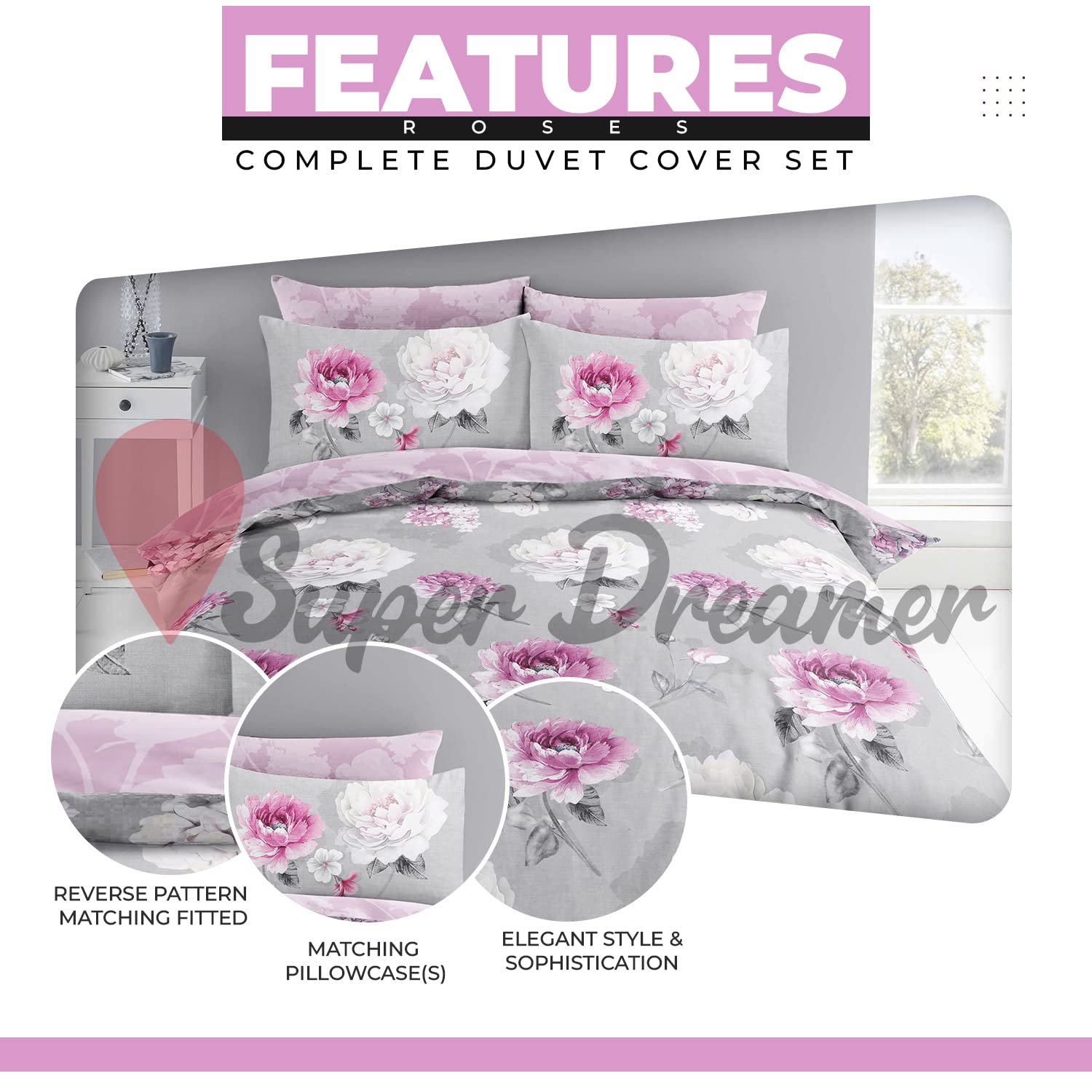 Super Dreamer Botanical Duvet Cover, Fitted Sheet With Pillow Cases, 4 Piece Floral Bedding & Linen - Image 2