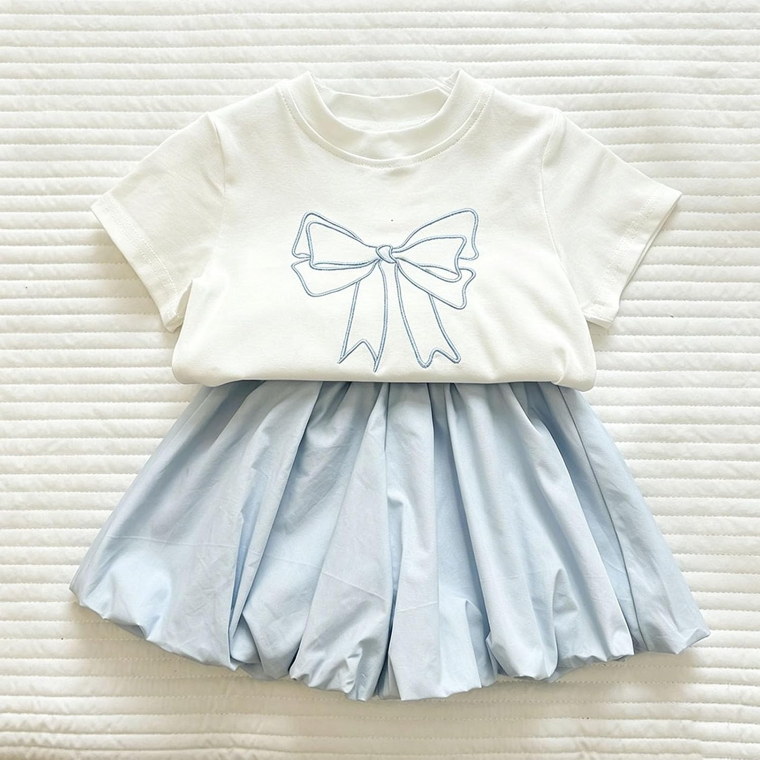 Girls Bow Clothing Set Short Sleeve Crewneck Basic Tee High Elastic Ruched Cloud Skirts Cute Two Piece Summer Outfit