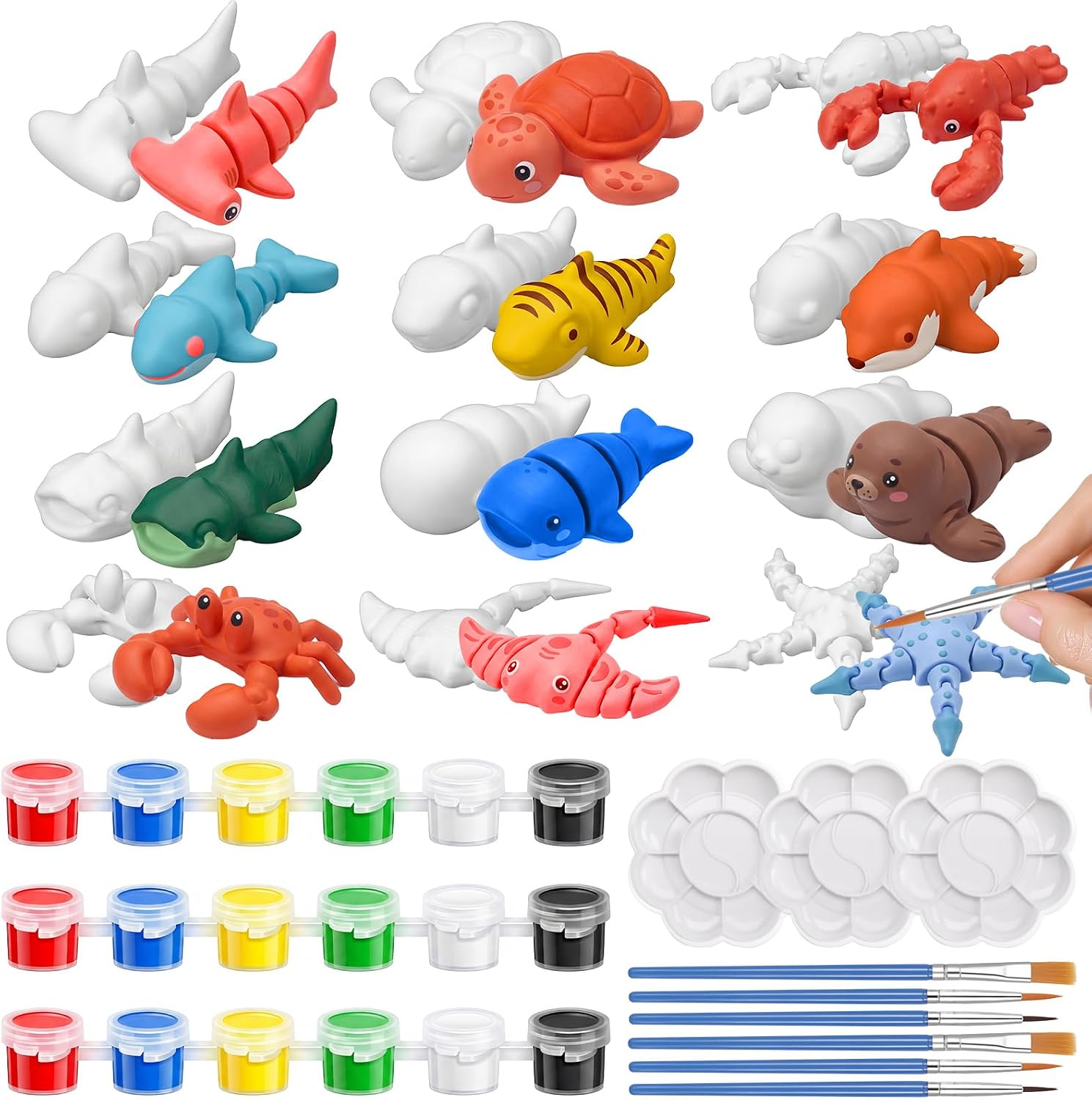 Honoson 12 Pcs 3D Printed Animal Figurines Painting Arts and Craft Kit Paint Your Own Figurines Articulated Fidget DIY Unpainted Statues with Brush Palette Acrylic Paints (Sea Animals)