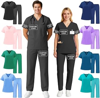 Custom Scrubs Women Men Set Personalized V-Neck Top Pants Customized Nurse Doctor Medical Uniform Esthetician Workwear