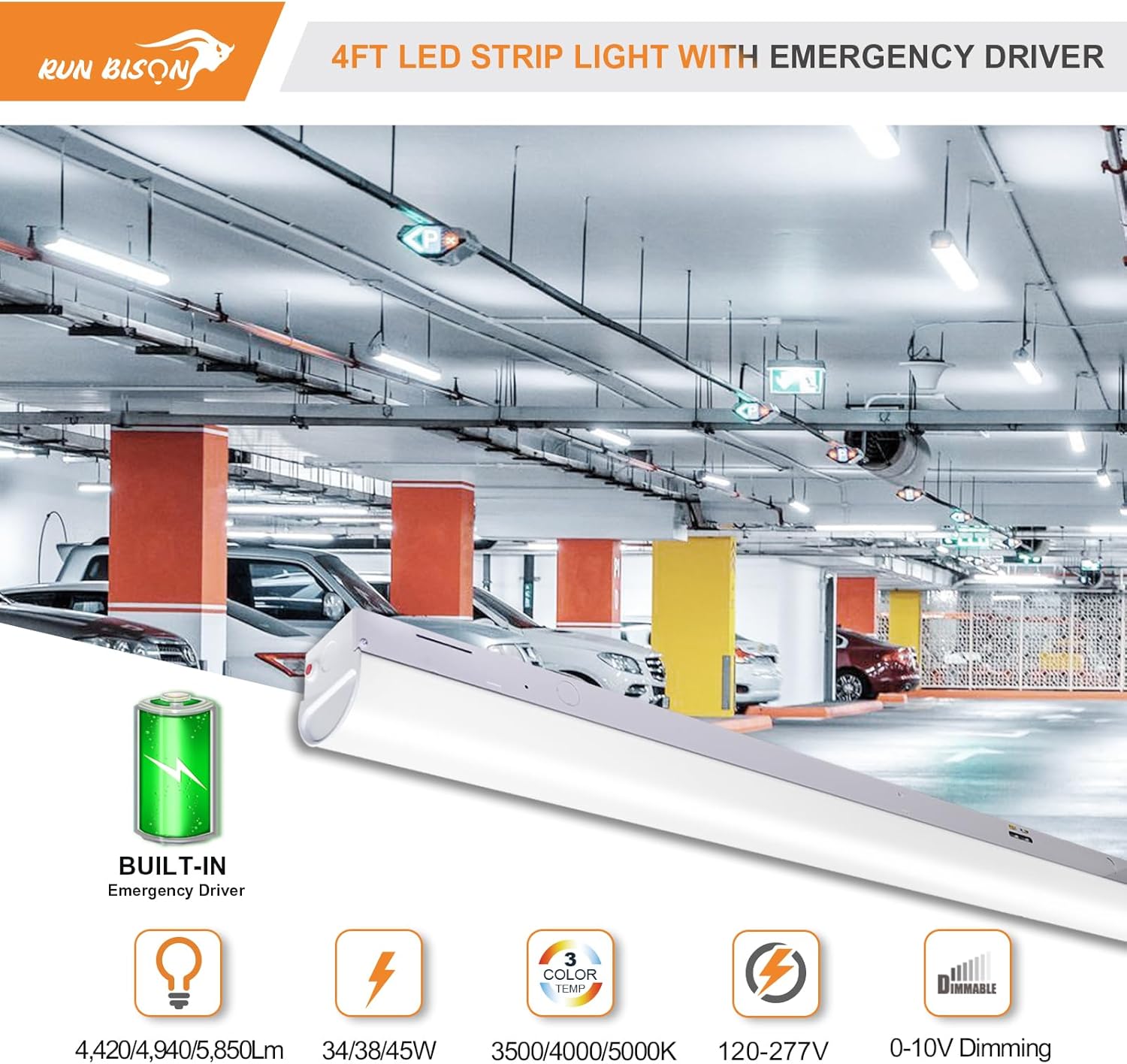 4FT LED Linear Shop Lights with Emergency Battery Backup,3 Color Selectable 3500K-5000K, Lumen Adjustable 4420/4940/5850LM,120-277V, 0-10V Dimmable, Built-in 90 Minute Emergency Battery-2PK