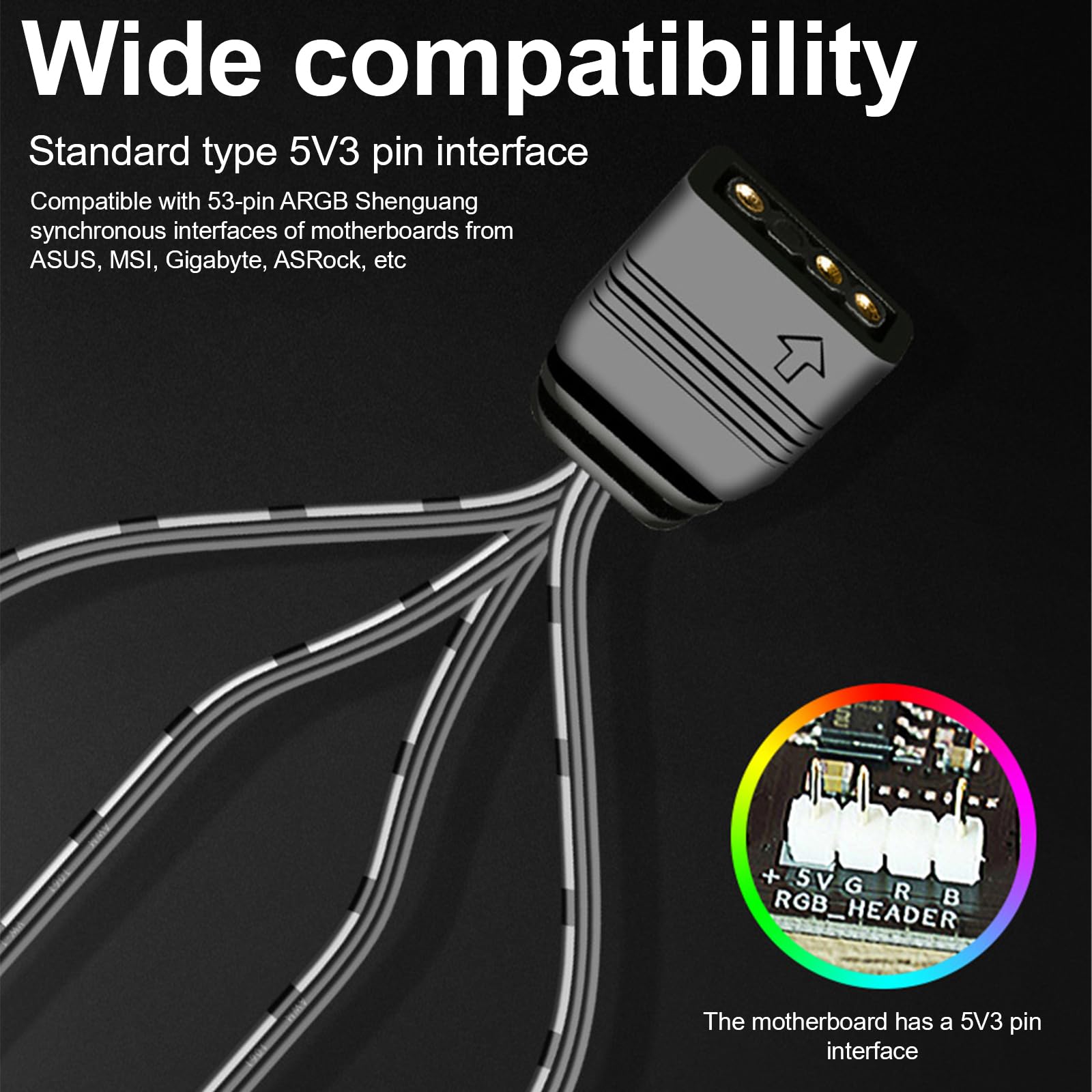5 V 3-biegunowy kabel rozdzielający ARGB, kabel rozdzielający ARGB, 1 gniazdo na 4 wtyczki, przedłużacz, 4 kable rozdzielające, kabel Y do obudowy komputera, chłodnicy procesora i wentylatora 5 V (1