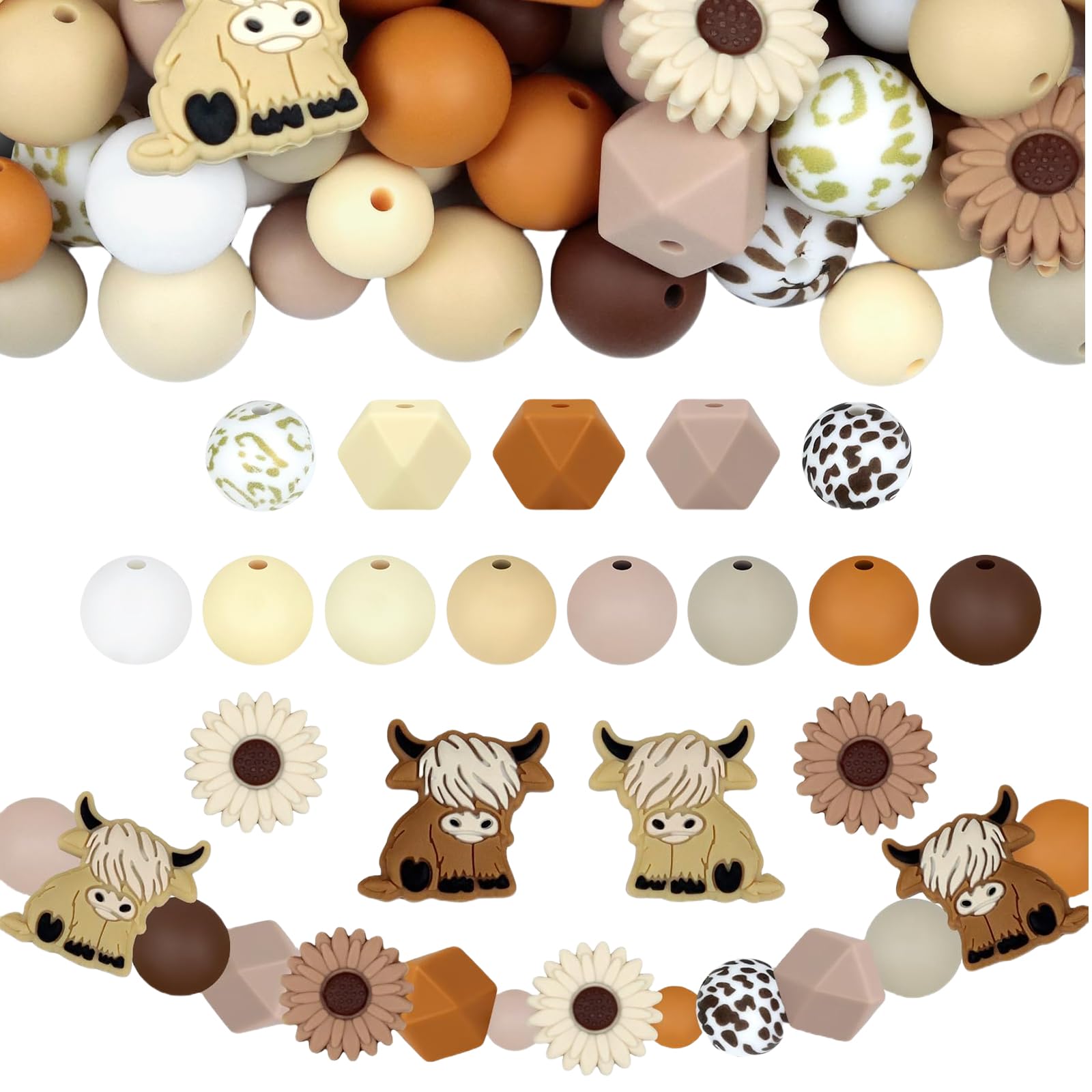 76 Stück Highland Cow Silikon-Perlen Set – Inkl. Kuh- & Tier-Motive, Für Armbänder, Schlüsselanhänger, DIY