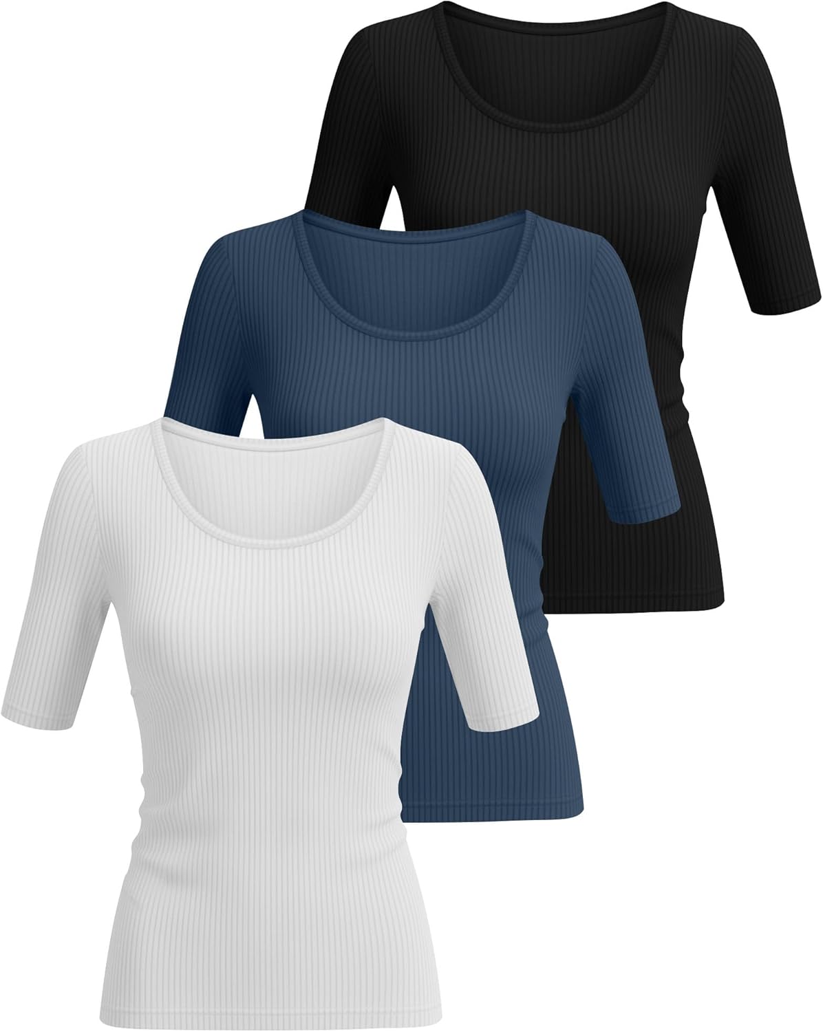 Ficerd 3 Pack Women's Half Sleeve Tops Ribbed Elbow Length Shirts Scoop Neck Slim Fit Summer Basic Tee Trendy Casual Blouses