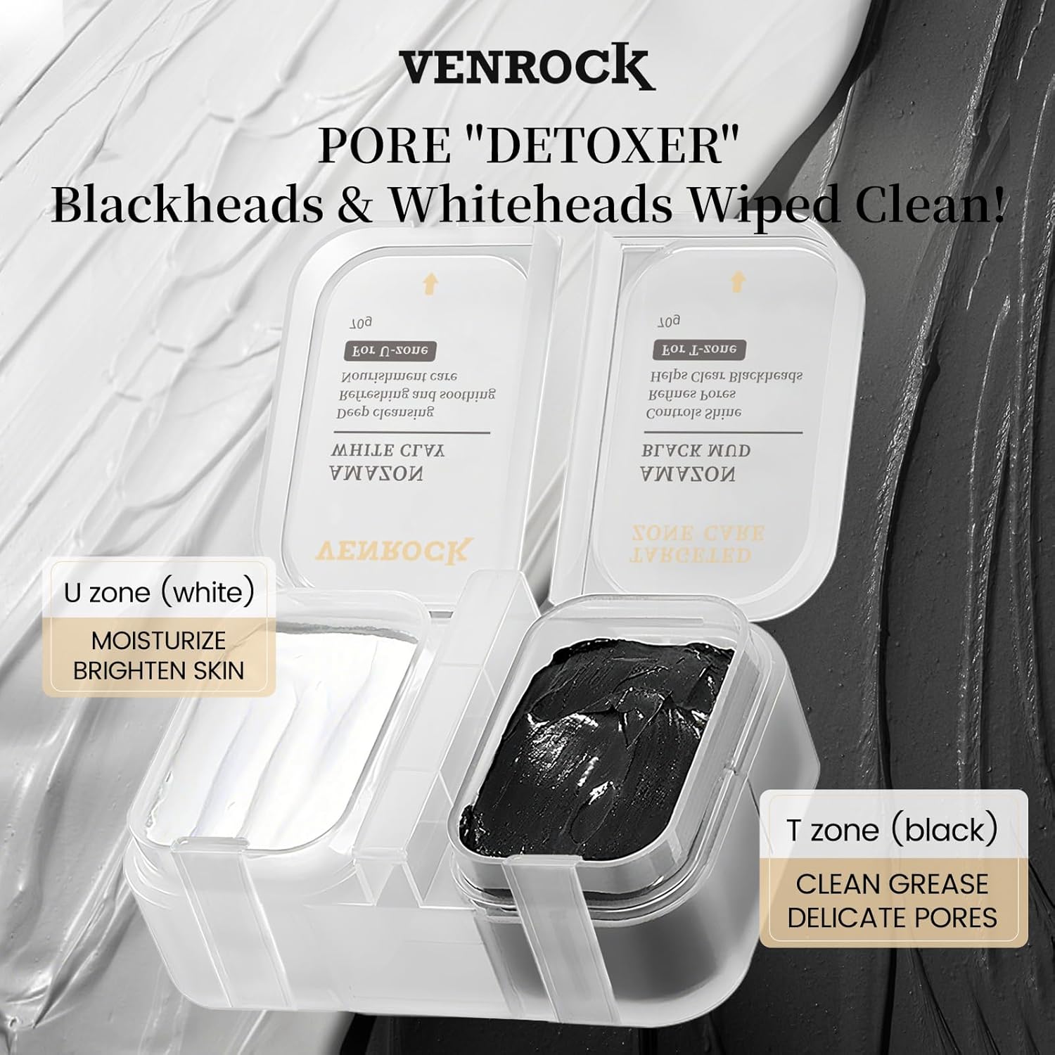 Venrock Pore-Fect Duo Clay Mask Set for Clear Pores, Blackheads and Excess Oil and Deep Hydrating with Amazon White + Black Mud | Targeted T-Zone & U-Zone Care Facial Mask for Stoc...