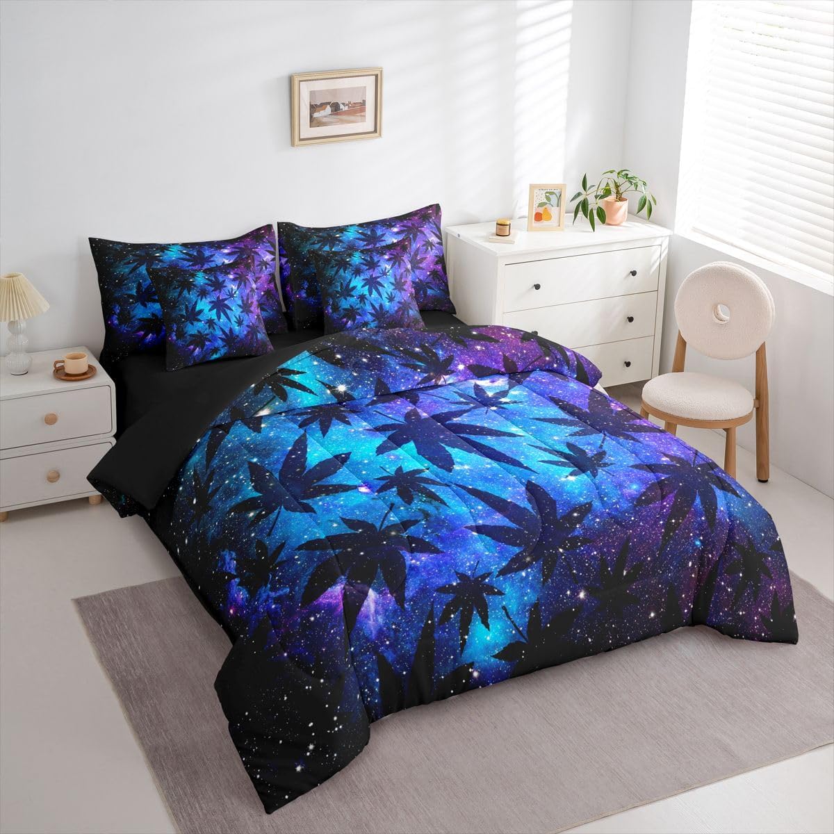 Erosebridal Leaves Queen Size Comforter Set, Galaxy 7-Piece Bed in A Bag, Purple Blue Sheets and Pillowcases, Women Men Youth Bedding Set Room Decor