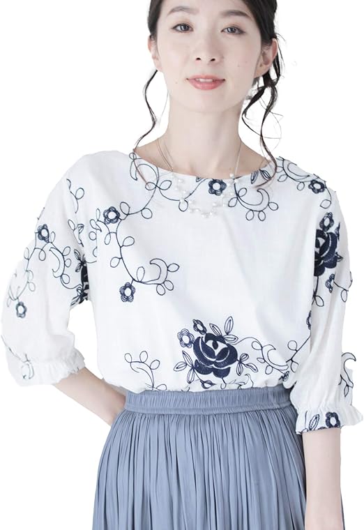 Amazon フレンチパヴェ 花刺繍 ふんわり バルーン 裾 ブラウス トップス レディース 半袖 五分袖 ホワイト 白 植物 ボタニカル ナチュラル シャツ ブラウス 通販