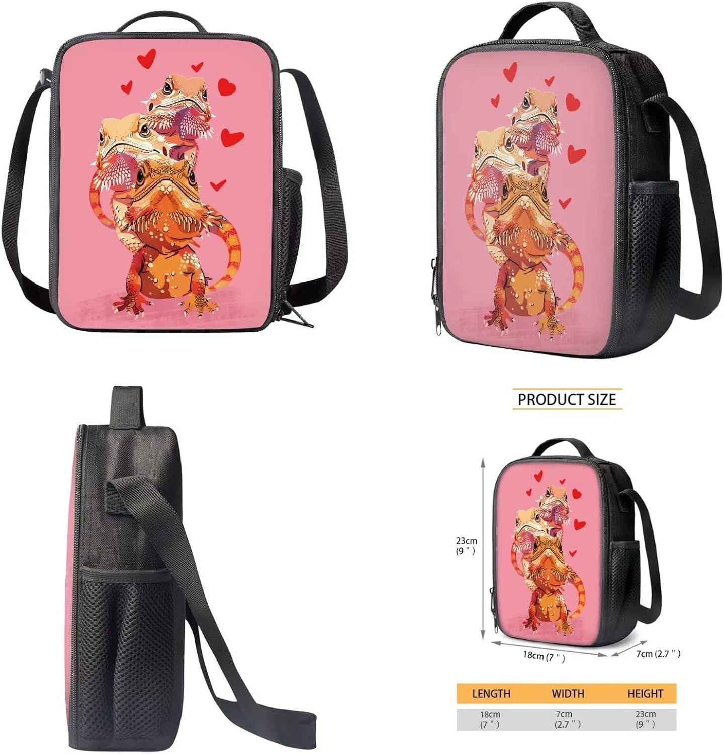 Bearded Dragon Lizard Print School Bag Set for Boys Girls 3 Pieces Kids Backpack Casual Daypack Rucksack Insulated Lunchbox Pencil Case for Teen Children
