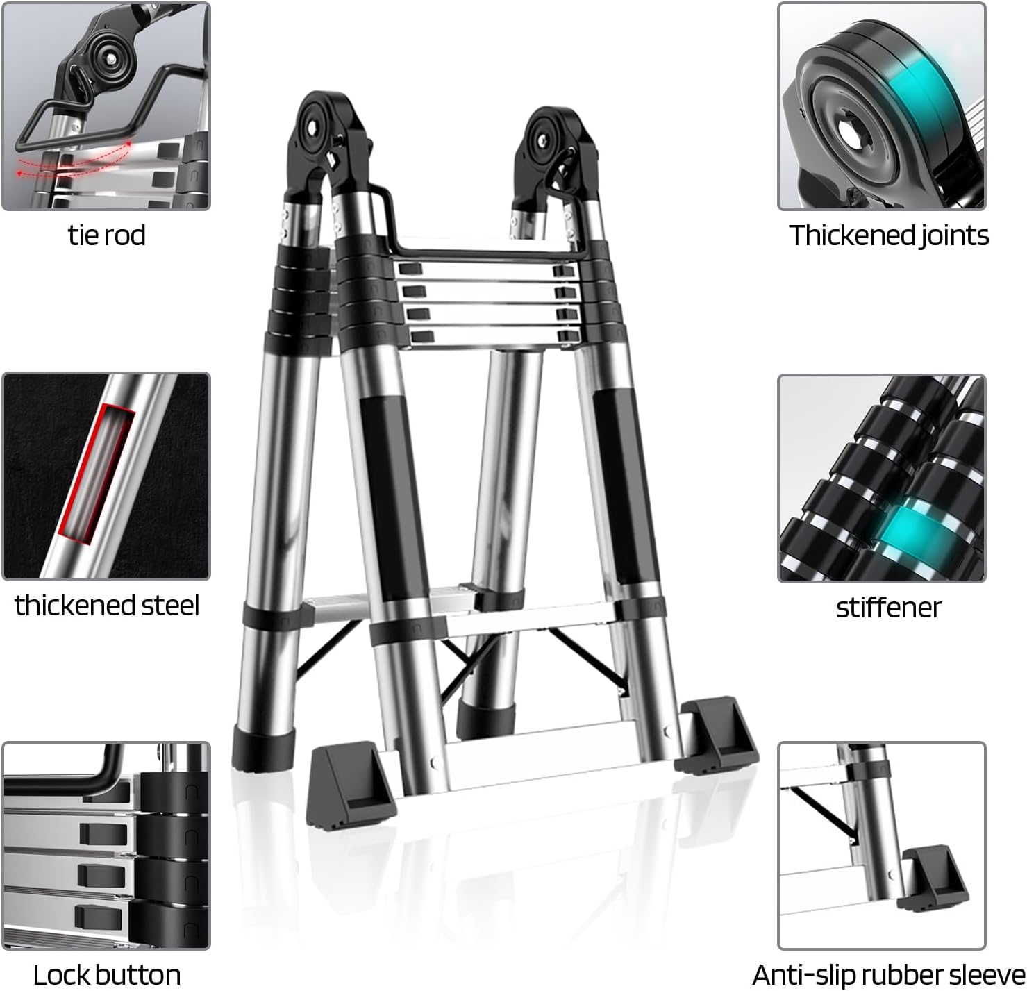 Telescoping Extension Ladder Tall Ladder Multi-Purpose Collapsible Ladder with Locking Mechanism | Stainless Steel Telescopic for Home or RV Outdoor Work | Heavy Duty 330 lbs Load