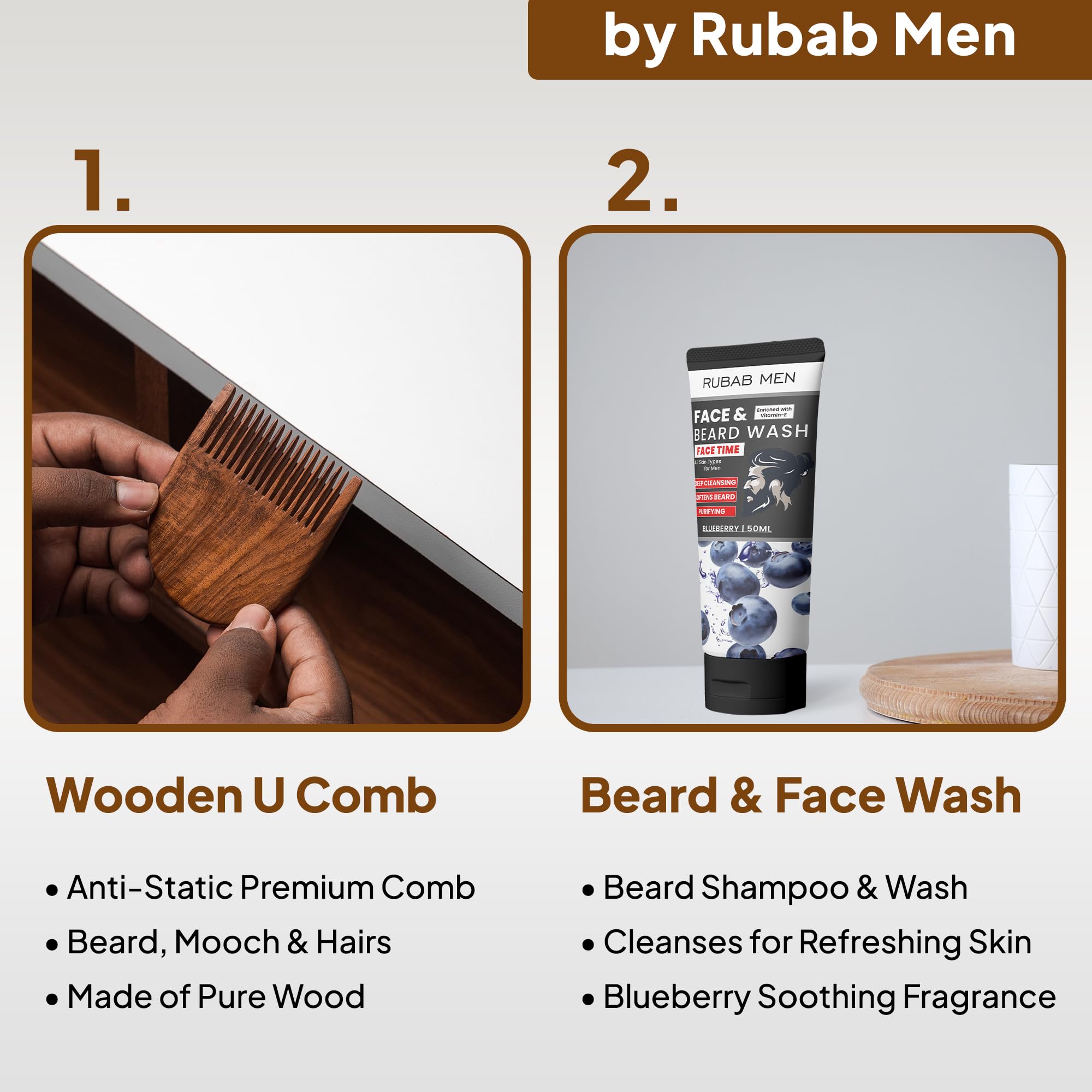 Rubab Men 4-in-1 Beard Kit for Men| Advance Beard Growth Oil, Face & Beard Wash, Beard Brush & Wooden Beard Comb| Everyday Beard Grooming Care - Image 4 thumbnail