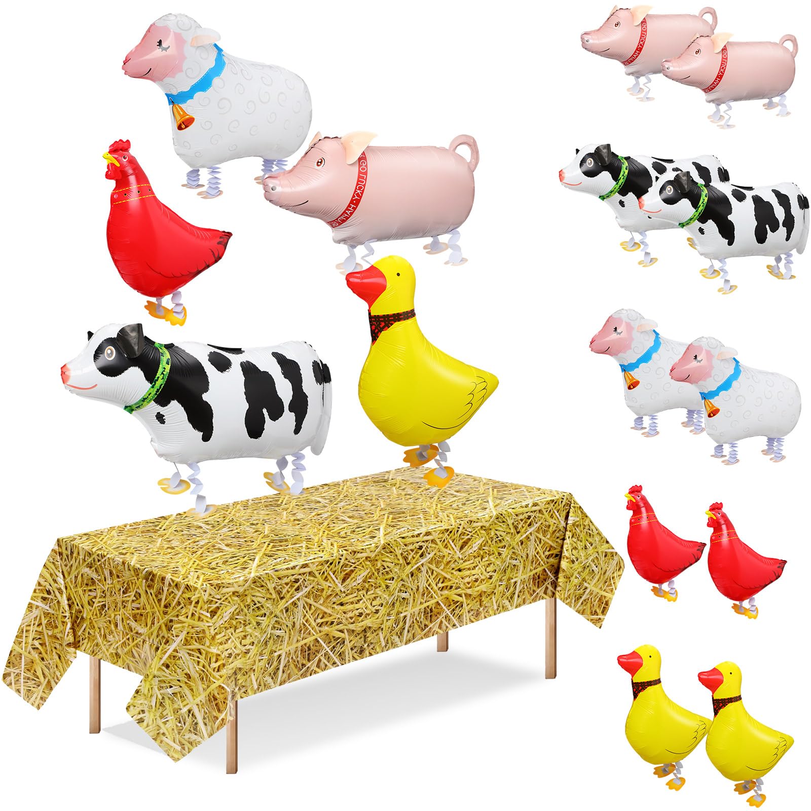 Photo 1 of 12pcs Farm Theme Party Decorations Kit Walking Animal Balloons with Straw Tablecloth Inflatable Farm Animals Balloons Decor Set Chicken Cattle Pig Duck Sheep Patten for Birthday Party Supplies