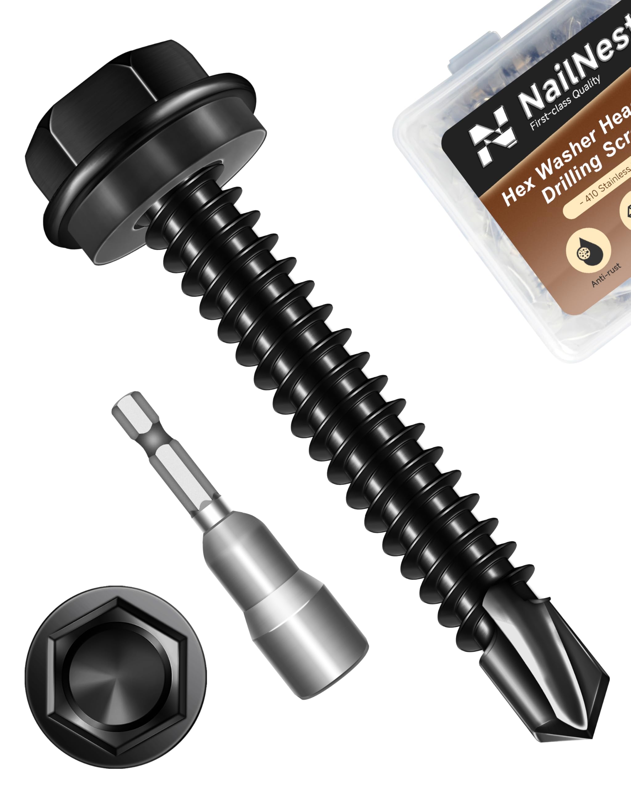 50 tornillos autoperforantes #12 x 1-1/2 pulgadas, tornillos autorroscantes negros para metal, tornillo de chapa de cabeza hexagonal de acero inoxidable 410, roscado rápido con enchufe