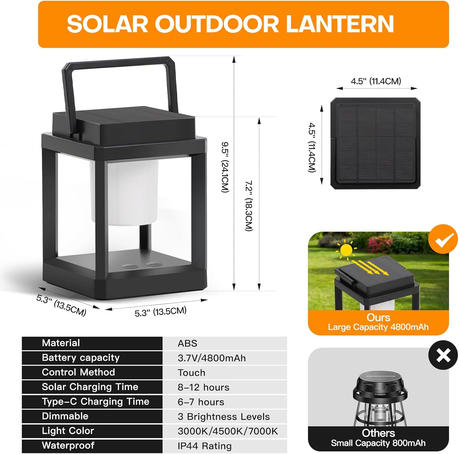 Solar Powered Outdoor Table Lamps, Dimmable Waterproof LED Table Lanterns 3000K 4500K 7000K Adjustable & 3 Brightness Levels, Rechargeable Touch Control Table Lights for Outside Porch Patio, 2 Packs
