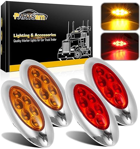 Partsam 4 unidades de 4-13 pulgadas rojoámbar LED ovaladas de marcador lateral y luces de espacio con bisel cromado, luces LED ovaladas de marcador