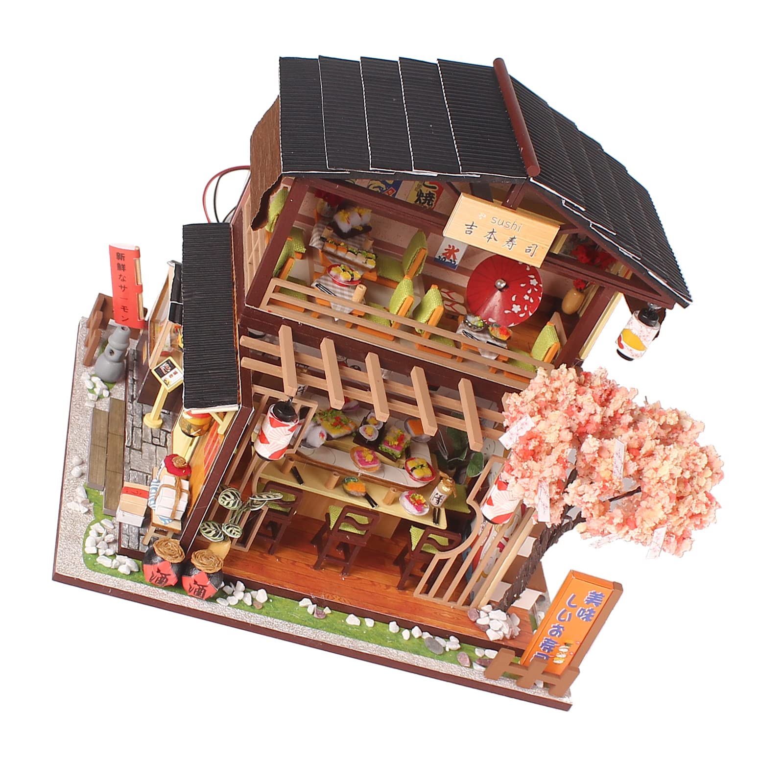Generic Model Sklepu z Sushi dla Majsterkowiczów Wykwintna Drewniana Japońska Zabawka do Montażu LED dla Dorosłych Nastolatki, Miniaturowe Meble Domowe z Lipy do Kreatywnego Projektu, przyjaciół