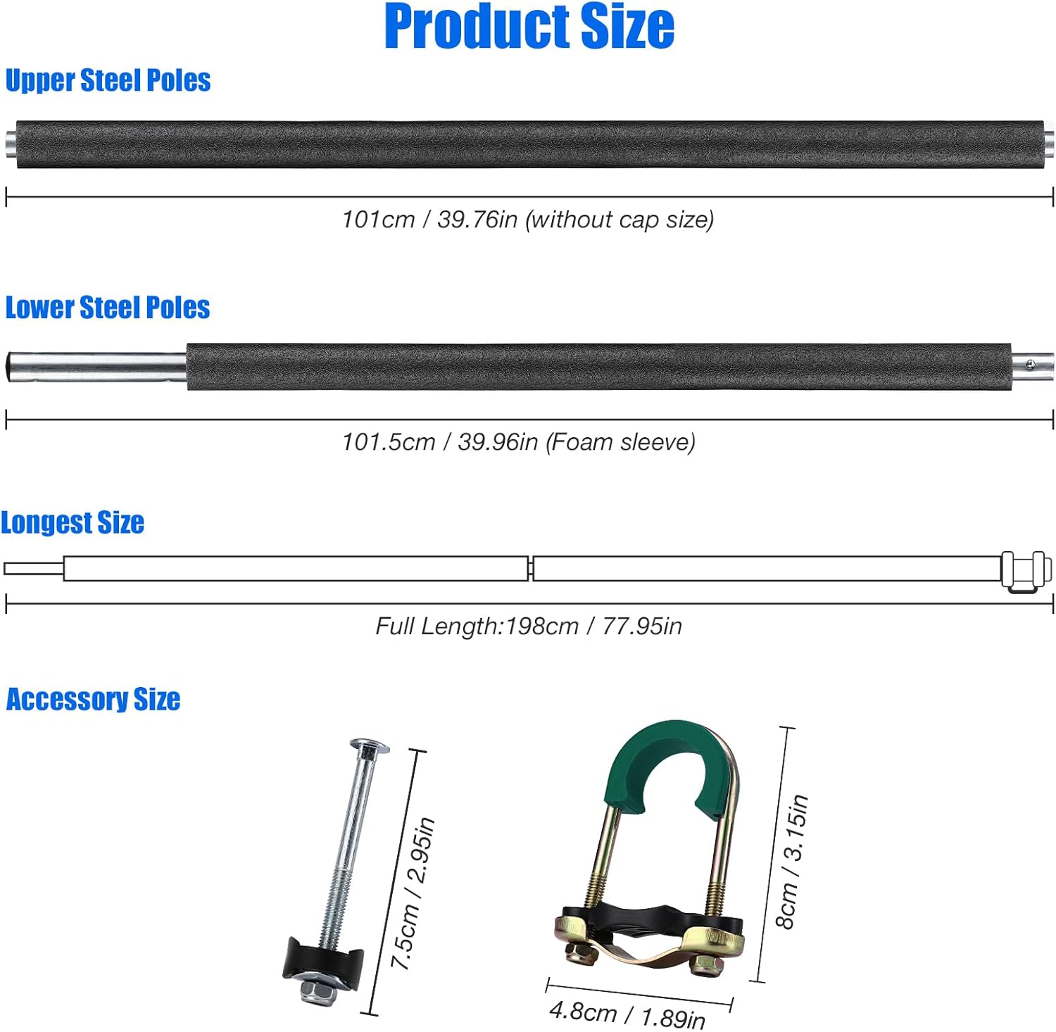 2PCS Trampoline Poles Replacement, 1mm Thick, Fits 1.65'' / 4.2CM Inner Diameter for 10-16FT Jumpzylla Trampolines, Complete Kit with Protective Foam Sleeves & Mounting Hardware