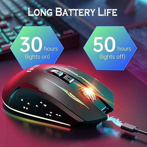 Miniatura 6 de UHURU Mouse inalámbrico para juegos, con cable e inalámbrico, doble modos, recargable RGB con 7 botones programables, ergonómico y 5 niveles de DPI