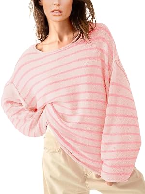 Womens Oversized Striped Fuzzy Pullover Top Long Sleeve Round Neck Dropped Shoulders Sweater S-XL