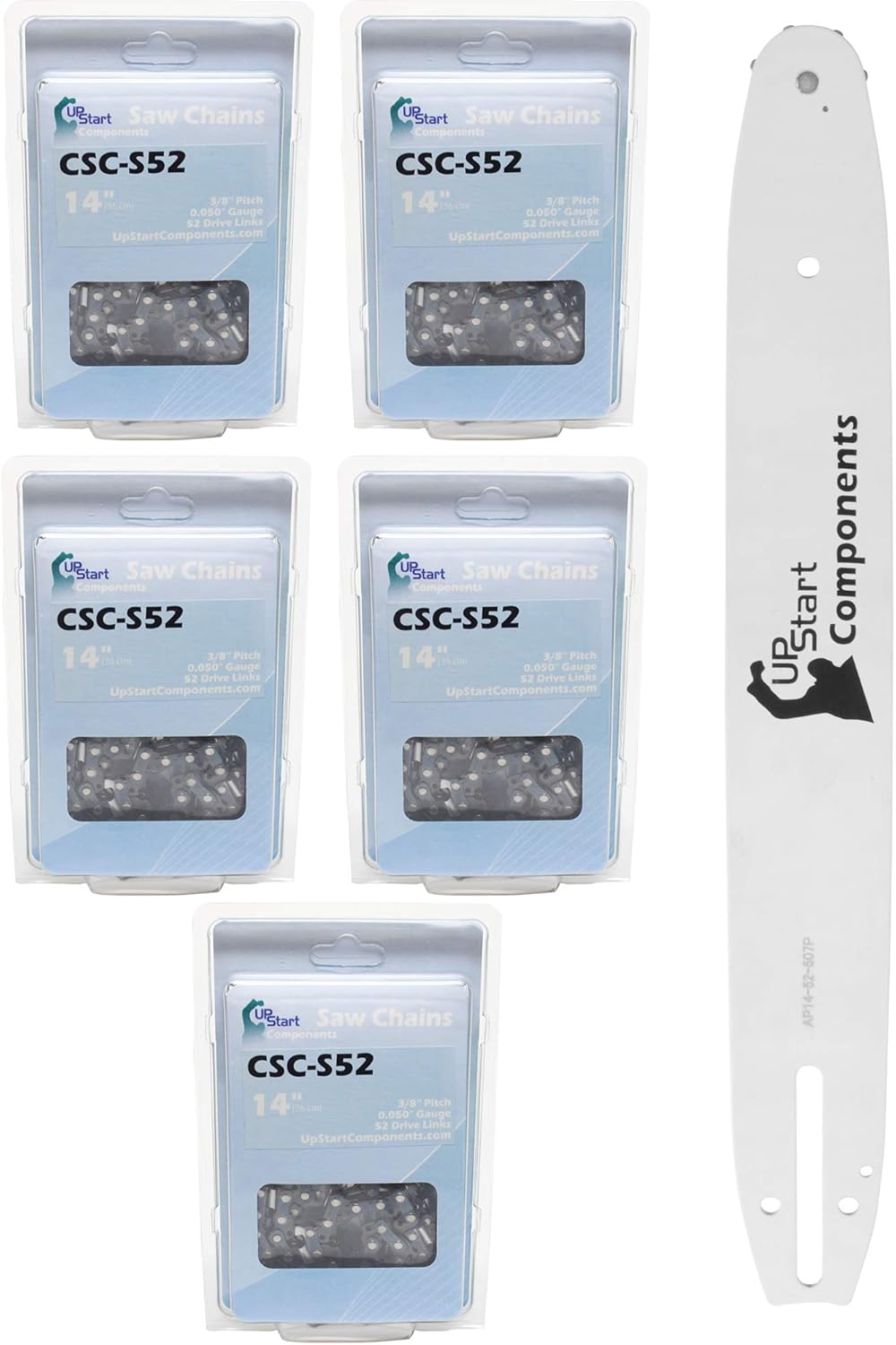 Replacement 14" Single Rivet Bar and 14" Semi Chisel Chain Combo for Tanaka TCS 3401 Chainsaw (14" Length, 3/8" Pitch, 0.050" Gauge, 52 Drive Links, 7 Sprocket Nose Tooth) 1 Bar 5 Chains