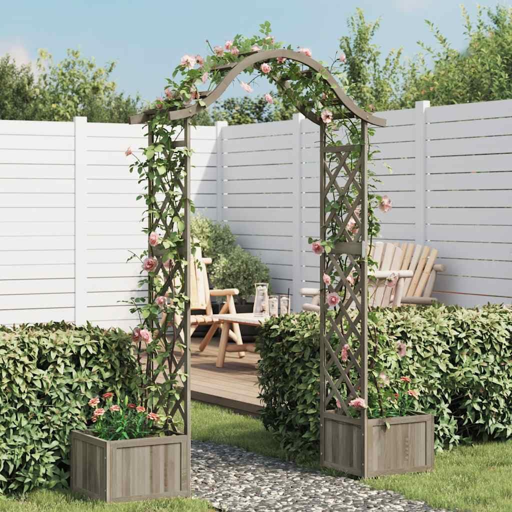 Arco de rosas de madera maciza de abeto con jardineras laterales como entrada decorativa al jardín y ayuda para enredaderas