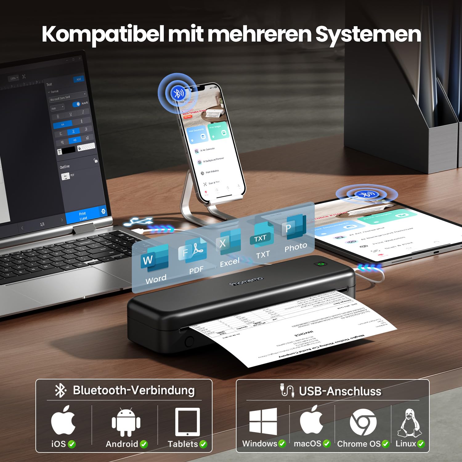 Phomemo M834 Thermodrucker A4, Mobiler Drucker A4 für Unterwegs, Büro, Schule, Zuhause, Kompatibel mit Smartphones und Computern, Tragbarer Drucker mit Tragetasche und 4 Rollen Thermopapier, Schwarz