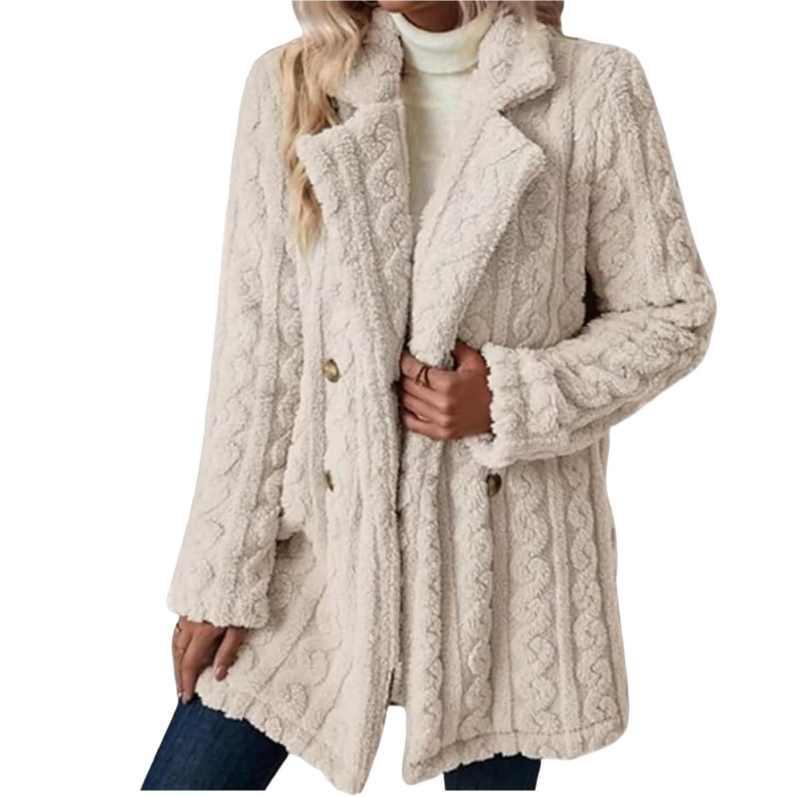 Winter Fuzzy Jackets for Women Double Breasted Lapel Neck Coats Mid Long Cardigan Sweater Warm Sherpa Outwear