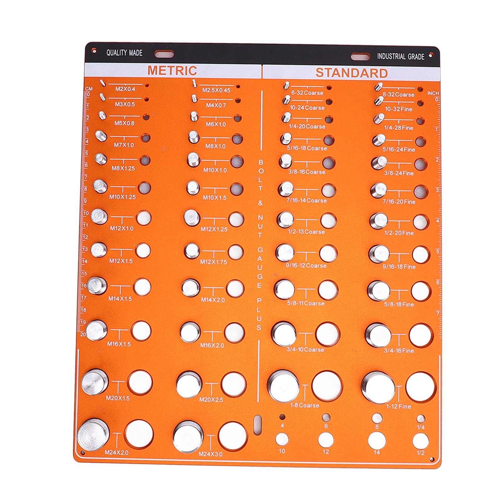 Aluminum Alloy Multi Functional Bolt and Nut Identifier, 24 Metric 22 Standard 8 Drill Bit Sizes, Nut and Bolt Thread Checker Standard and Metric,