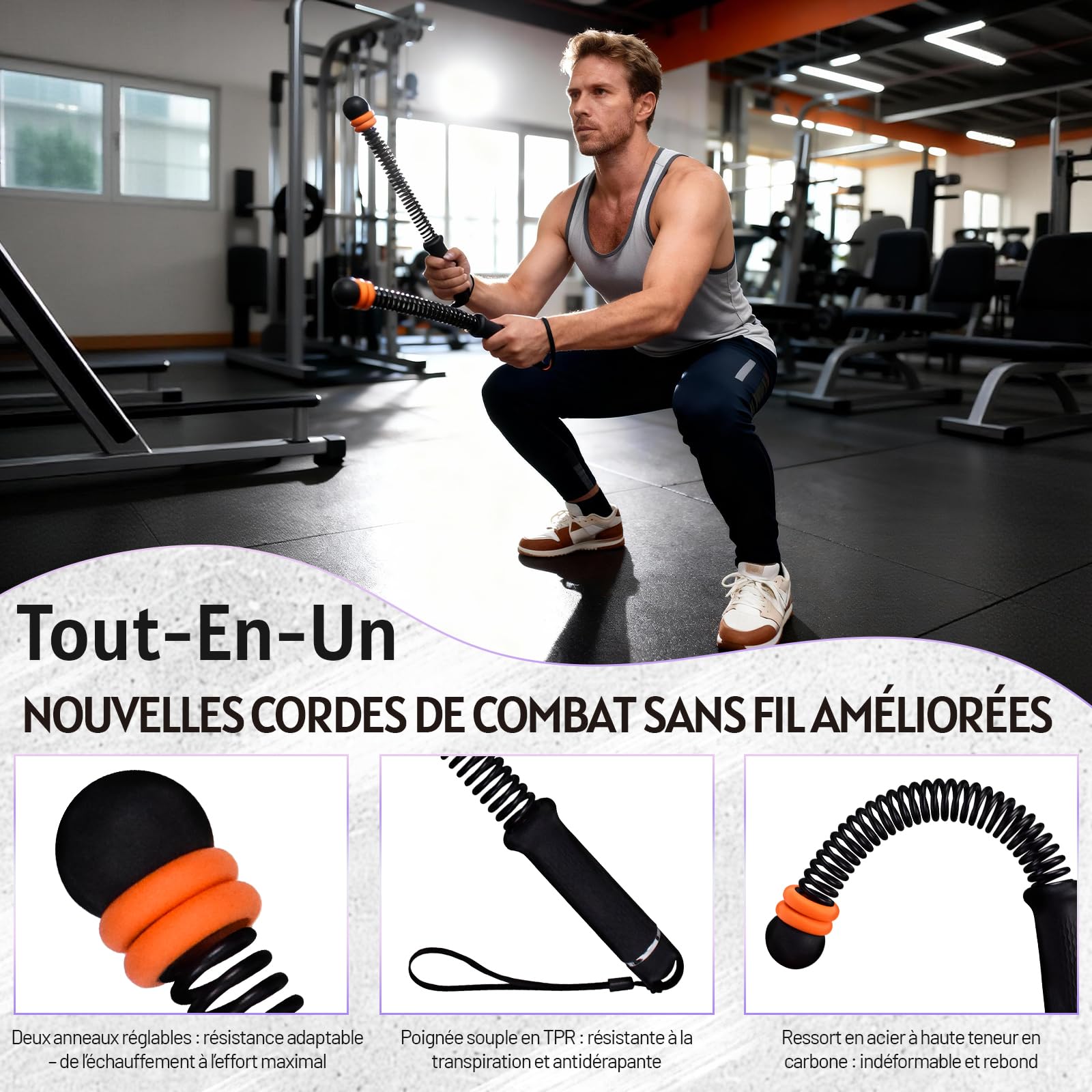 Corde de Combat sans Corde avec Poids réglables, Outil de Fitness Silencieux Facile à Transporter pour la Sculpture Totale du Corps, Le Cardio et la Combustion des Graisses (Noir)