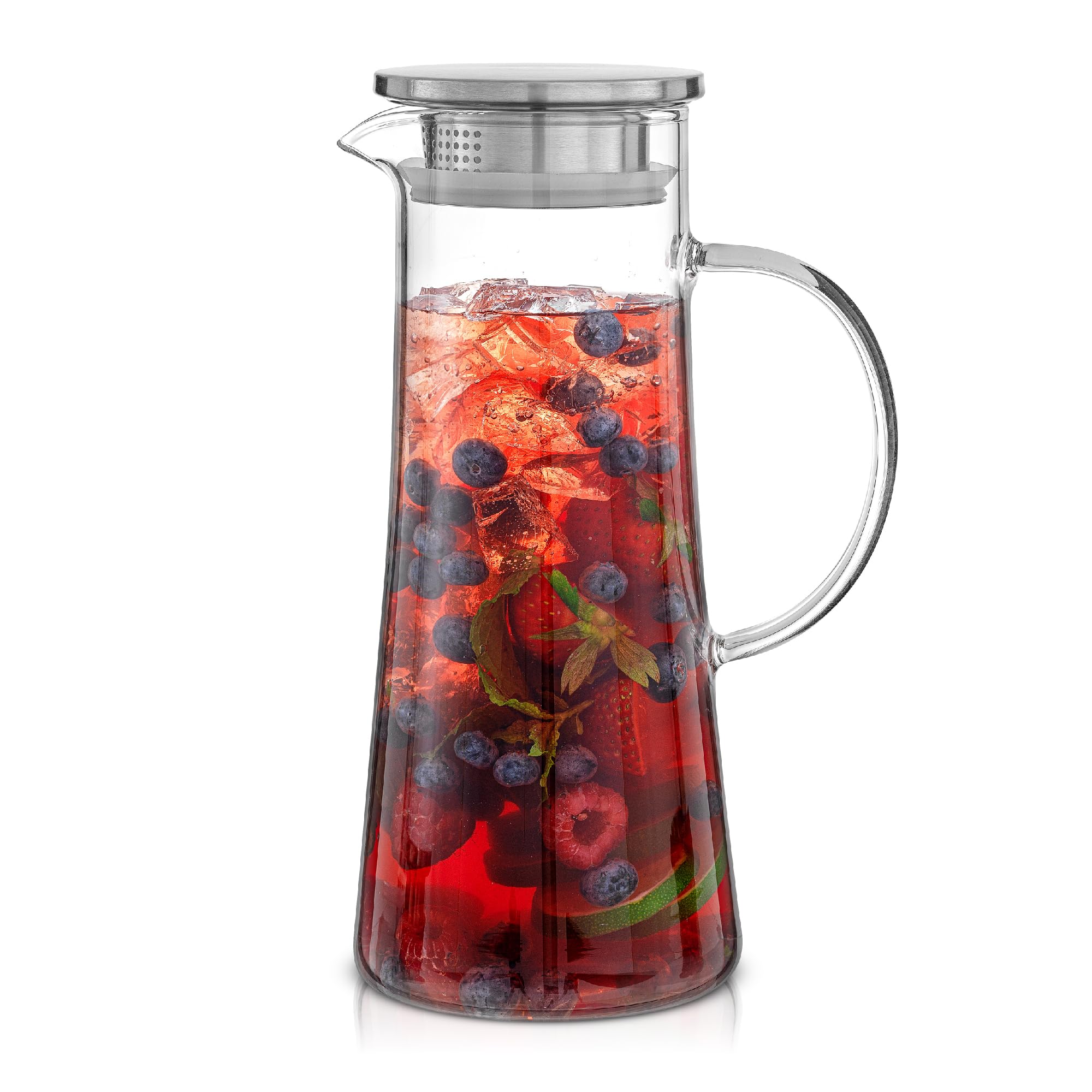 JoyJolt Glaskrug mit Deckel - 1,4 l Borosilikatwasserkaraffe, Krug mit Edelstahldeckel für Eistee, Limonade, Saft, Mixgetränke