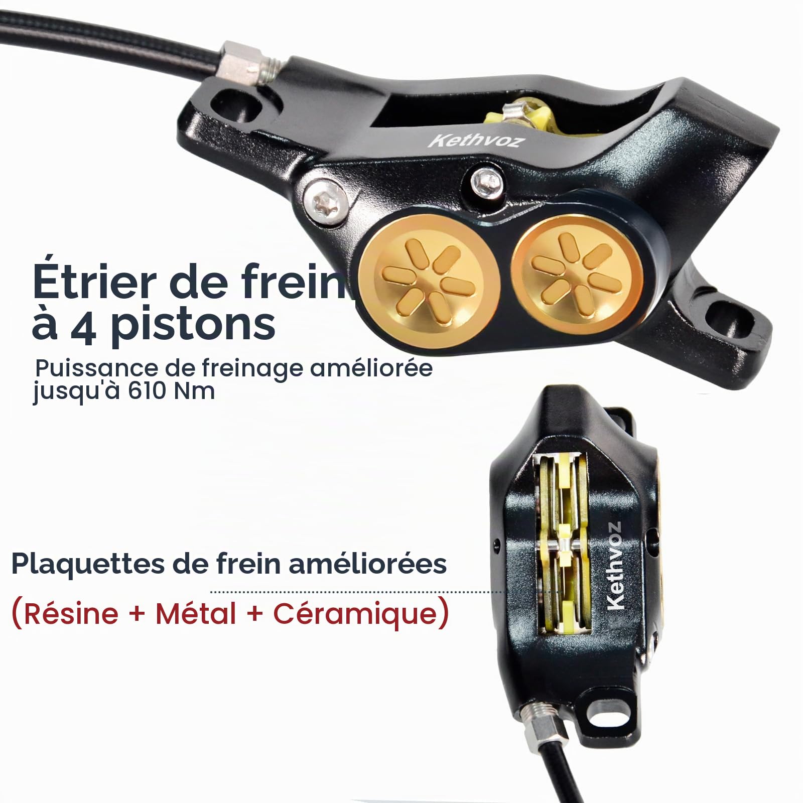 Freins Pour Vélo - Kethvoz Freins Hydrauliques 4 Piston, Kit de Disques de Frein Set pour VTT Universels Avant et Arrière 180mm pour VTT, Vélo Électrique, Rennrad, Convient à la Plupart des Vélos