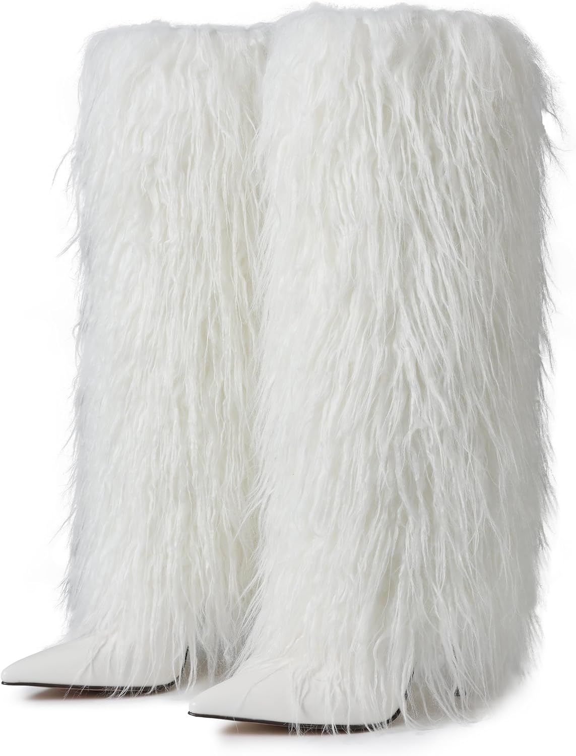 Kalstage Women Fur Knee High Boots Heels Wide Calf Fold Over Tall Boots for Party Evening Fashion Shows