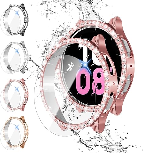 Paquete de 4 + 4 fundas brillantes con diamantes para Galaxy Watch 54 protector de pantalla de 1.575 pulgadas, película protectora de vidrio