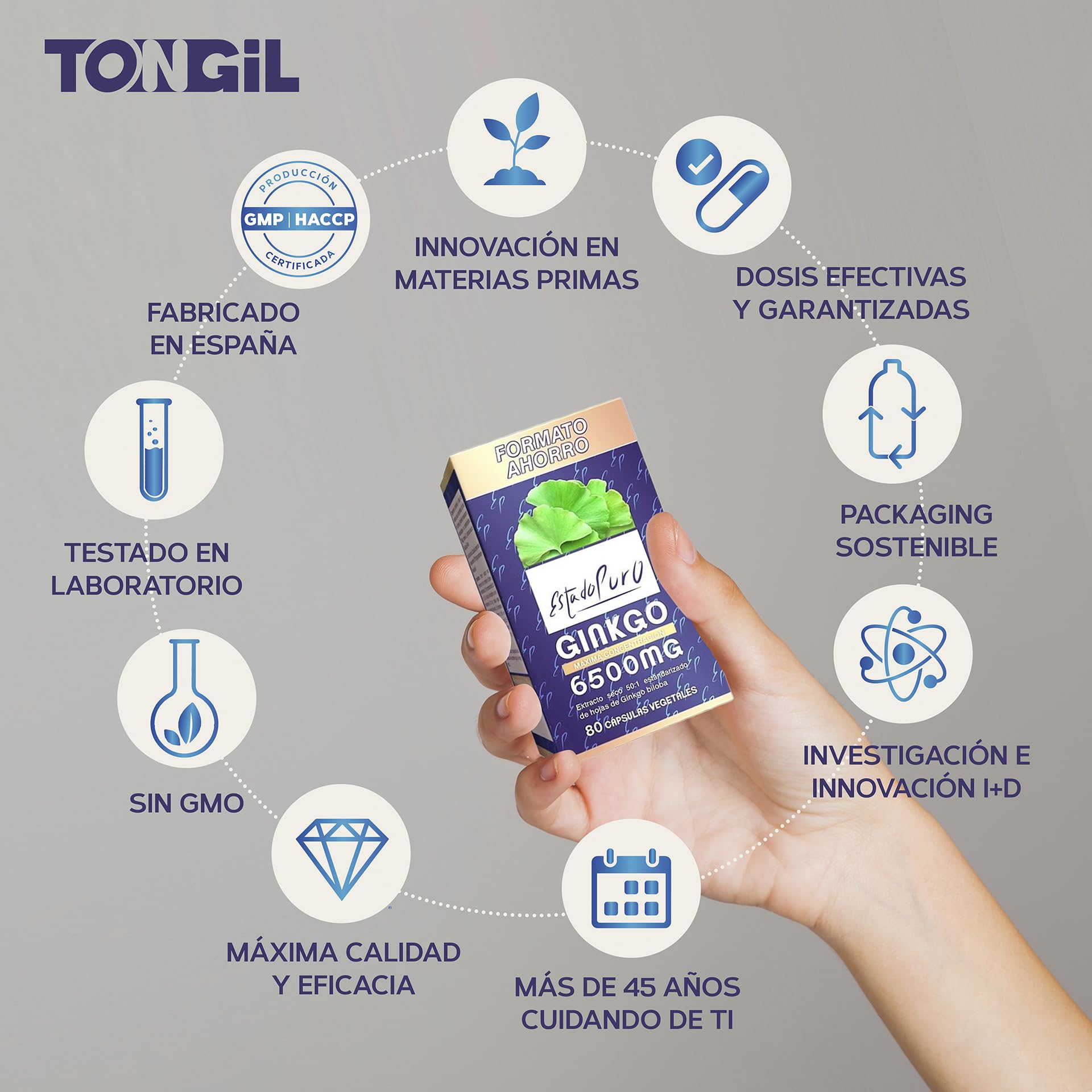 Ginkgo Biloba Estado Puro 6500mg | Extracto Estandarizado y Máxima Concentración | 24% de Flavonoides y 6% de Terpenos | Memoria y Concentración + Circulación | 80 Cápsulas de Tongil (Lote de 1)