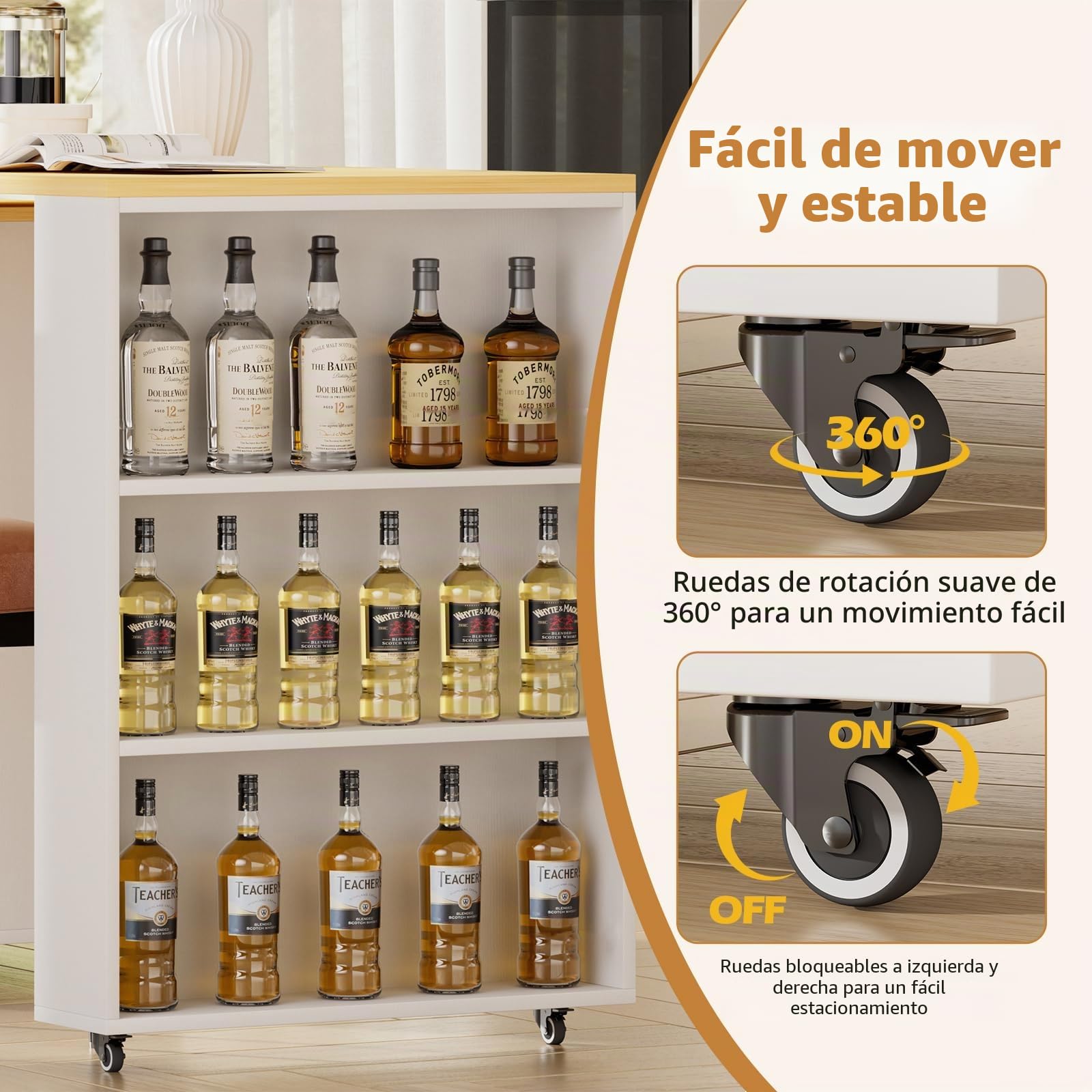 Isla de cocina giratoria 360° con espacio de almacenamiento, carrito de cocina móvil, mesa de bar extensible, encimera de acero inoxidable, barra de desayuno con armarios y cajones para cocina comedor